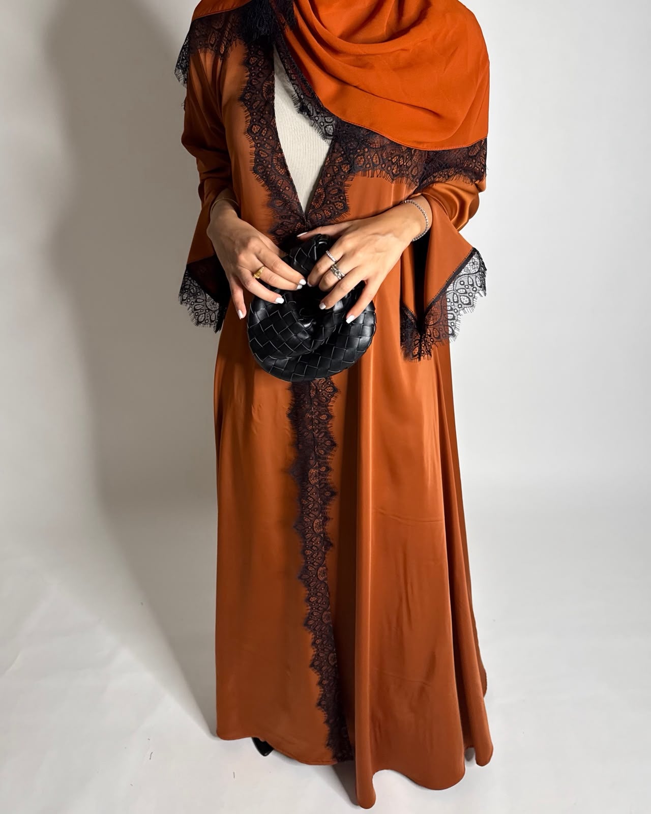 A633 - Elegant Burnt Orange A-CUT Abaya with Black Lace & Matching Head Scarf