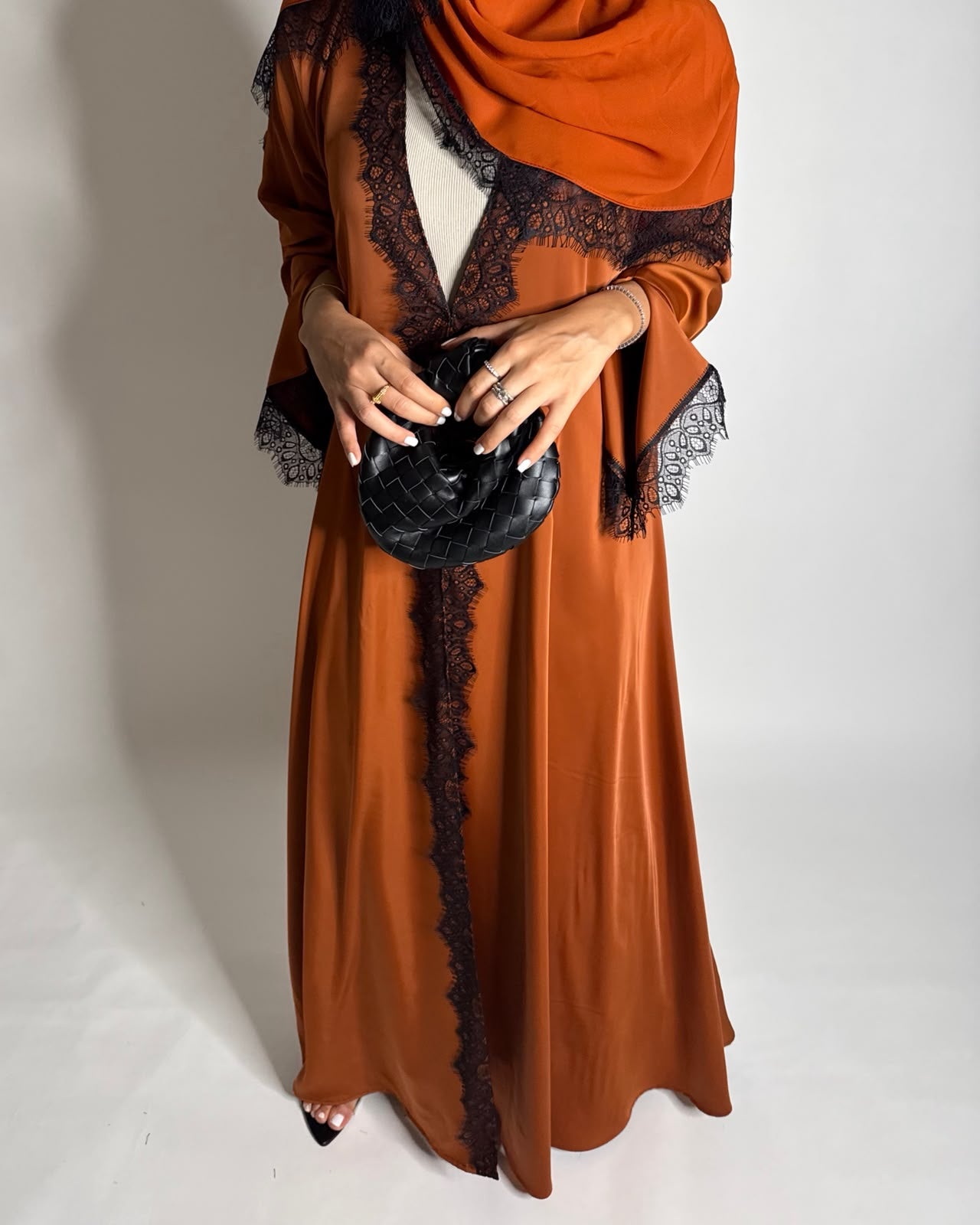 A633 - Elegant Burnt Orange A-CUT Abaya with Black Lace & Matching Head Scarf