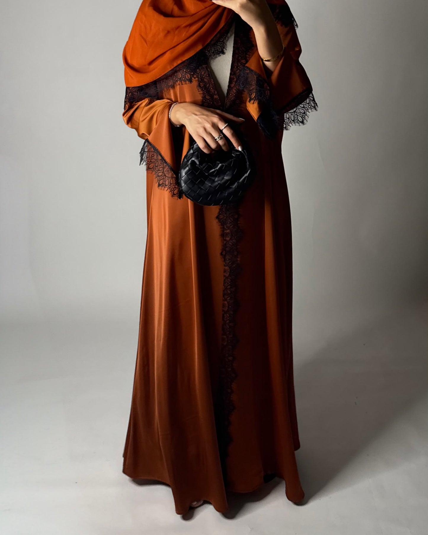 A633 - Elegant Burnt Orange A-CUT Abaya with Black Lace & Matching Head Scarf