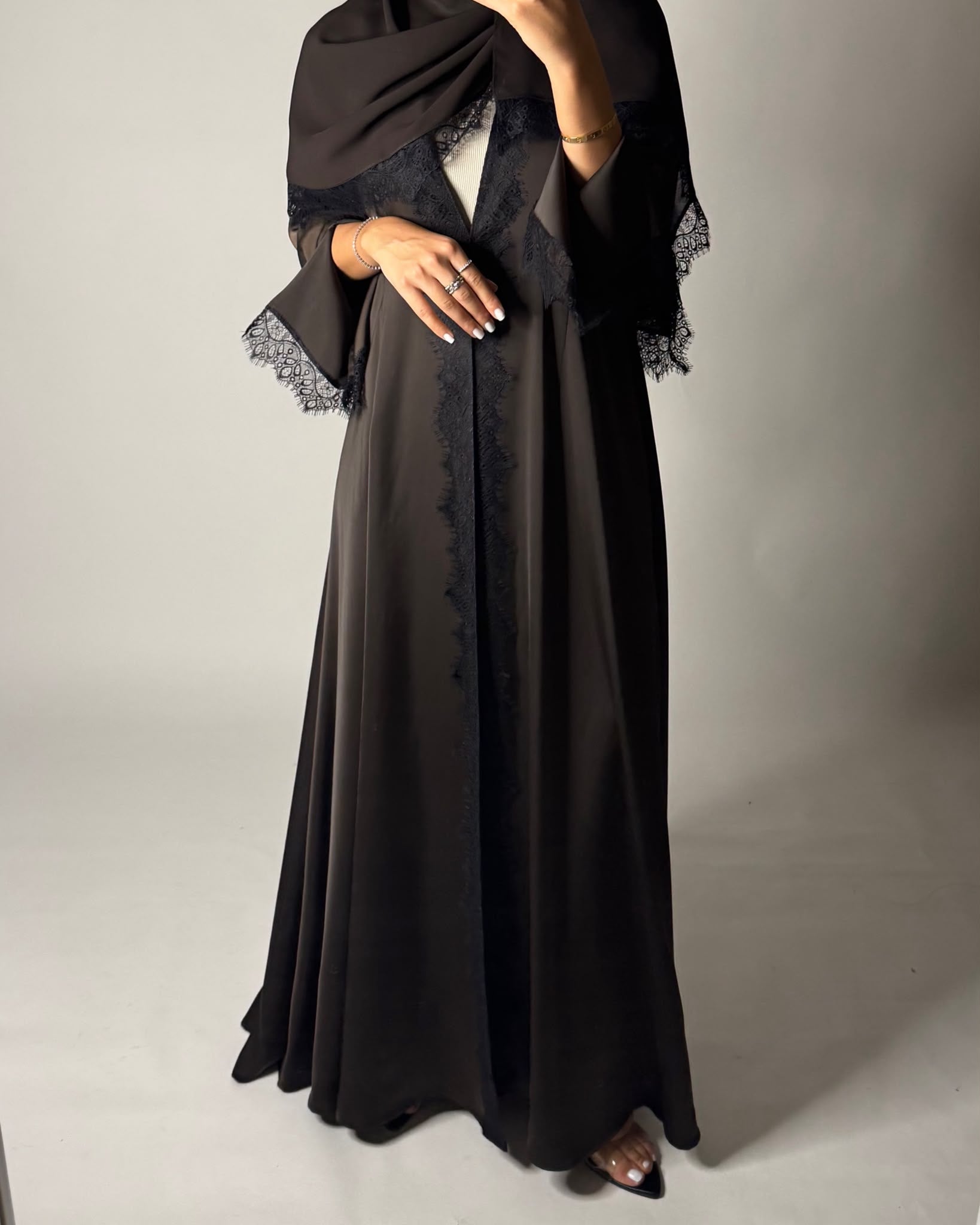 A641 - Elegant Dark Brown A-CUT Abaya with Black Lace & Matching Head Scarf