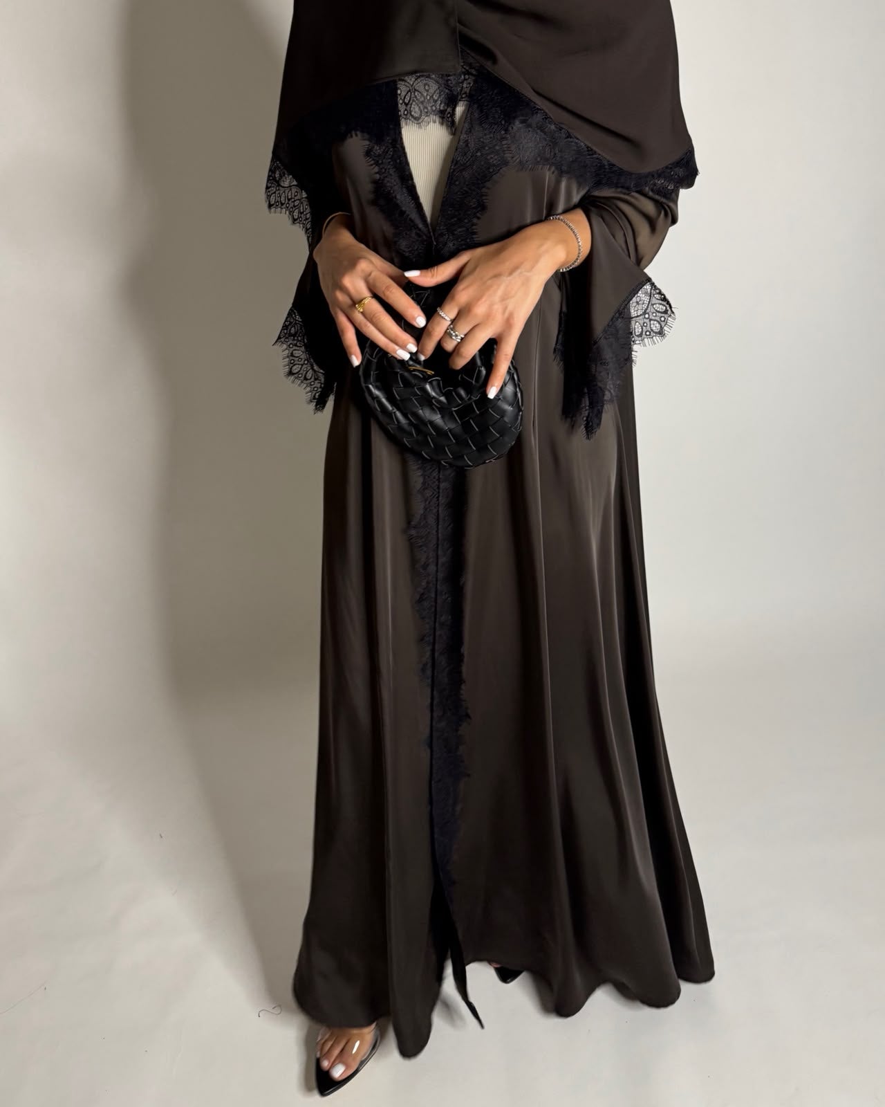 A641 - Elegant Dark Brown A-CUT Abaya with Black Lace & Matching Head Scarf