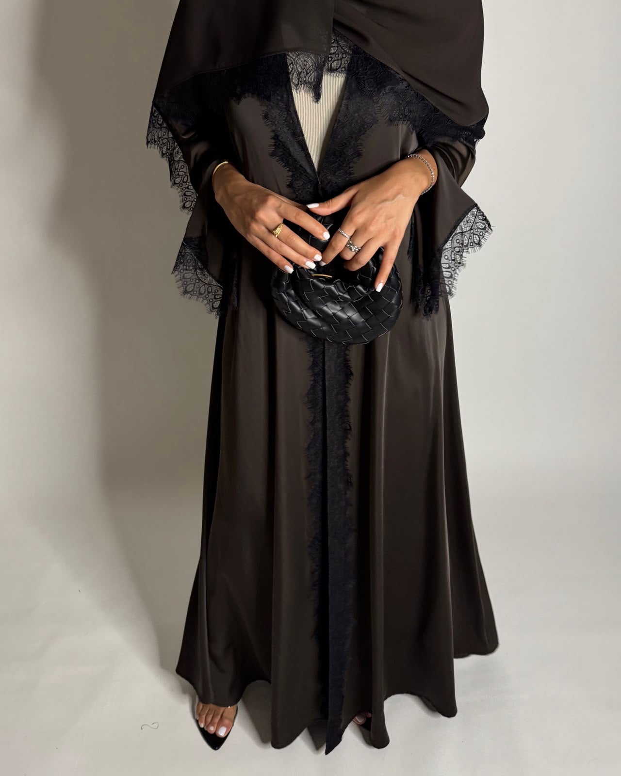 A641 - Elegant Dark Brown A-CUT Abaya with Black Lace & Matching Head Scarf