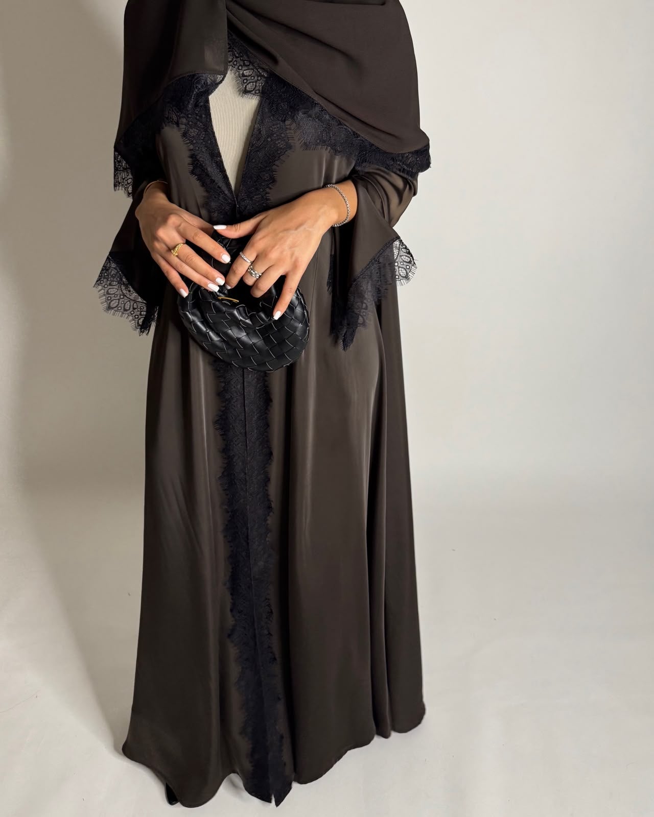 A641 - Elegant Dark Brown A-CUT Abaya with Black Lace & Matching Head Scarf