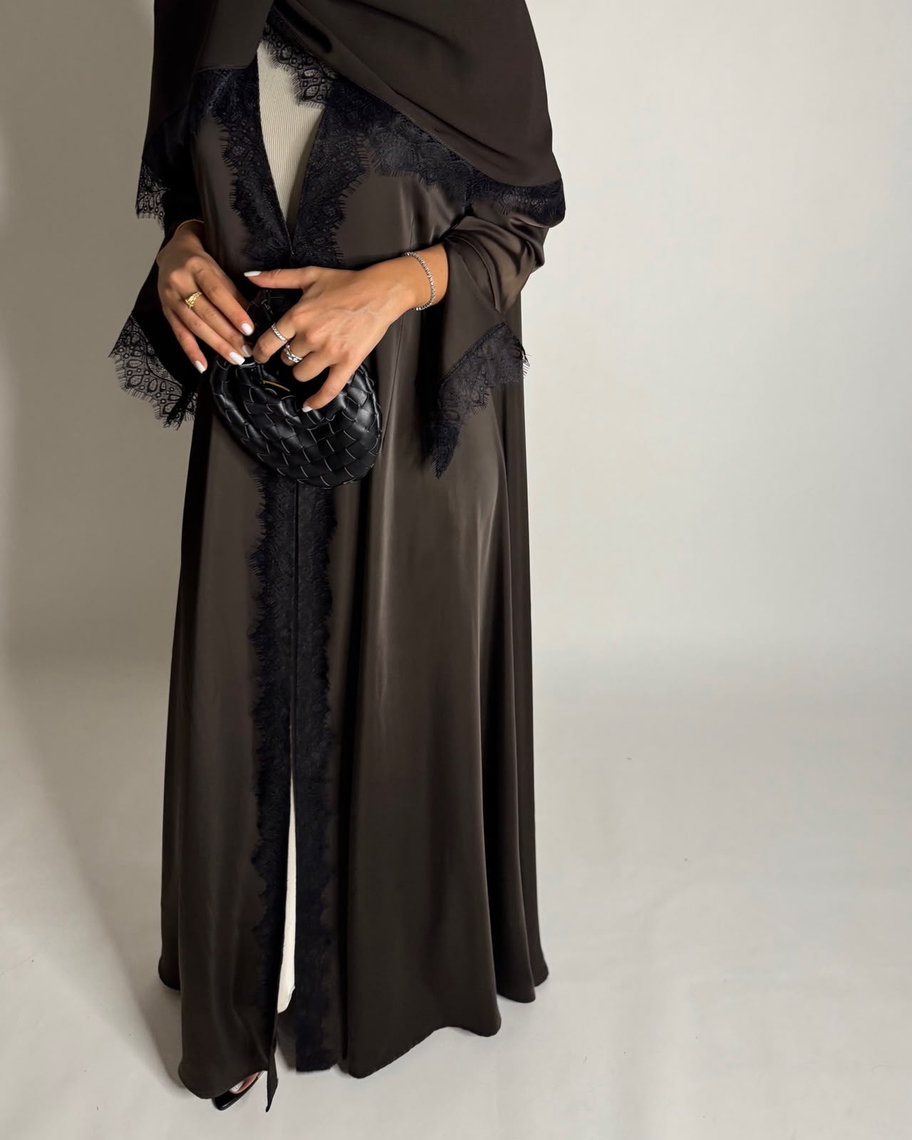 A641 - Elegant Dark Brown A-CUT Abaya with Black Lace & Matching Head Scarf