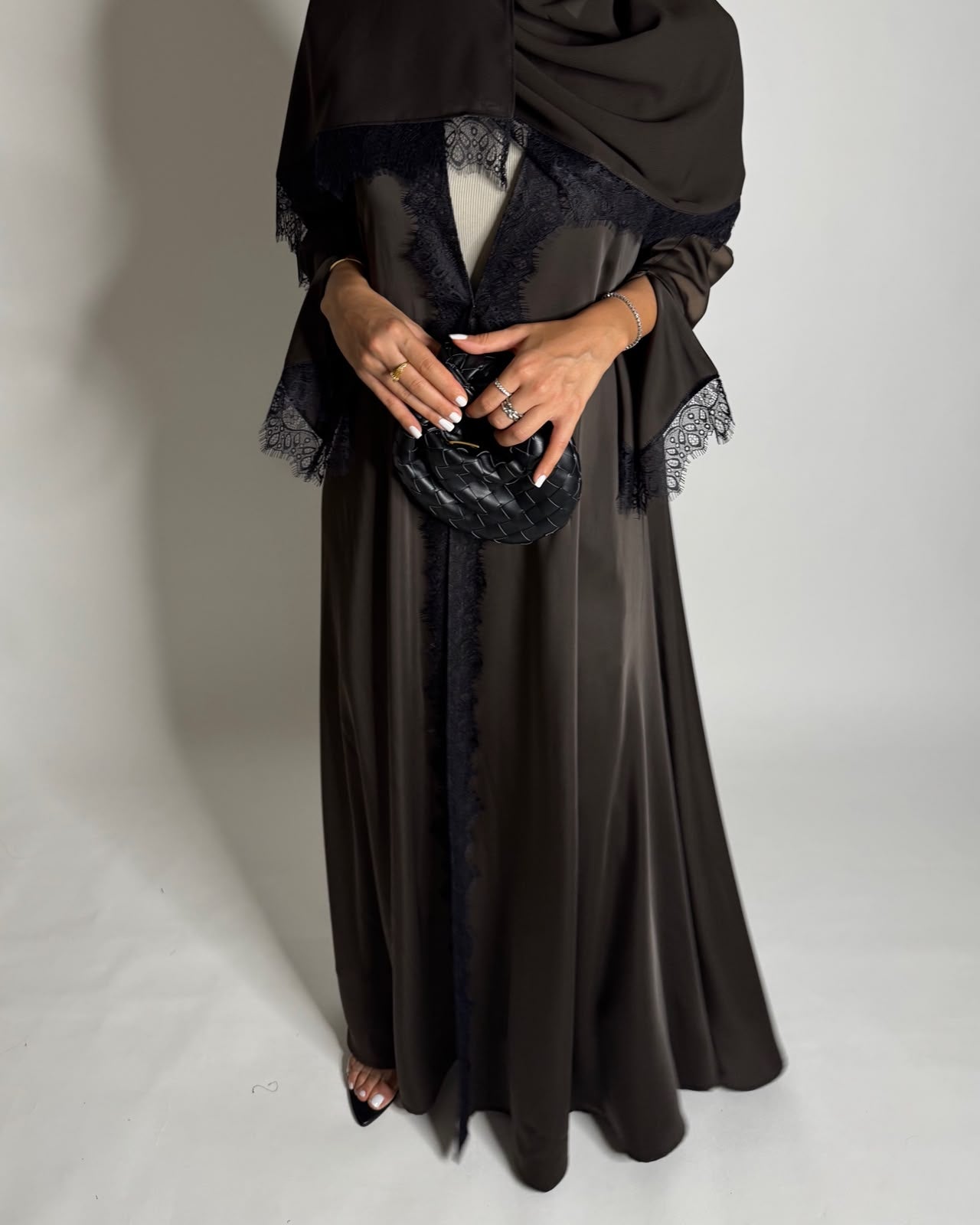 A641 - Elegant Dark Brown A-CUT Abaya with Black Lace & Matching Head Scarf