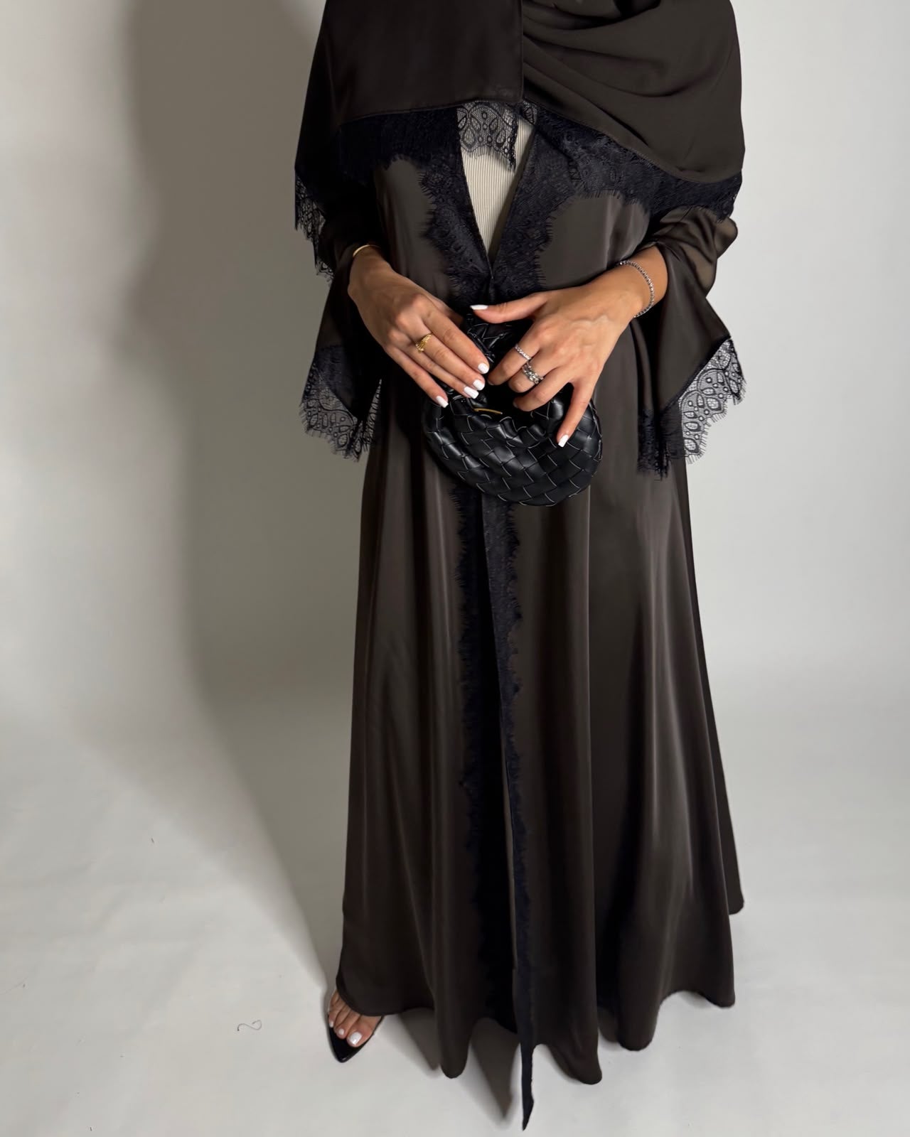 A641 - Elegant Dark Brown A-CUT Abaya with Black Lace & Matching Head Scarf