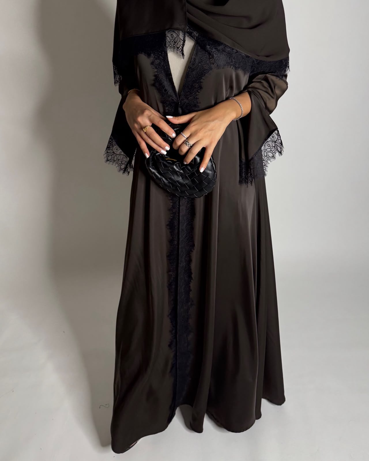 A641 - Elegant Dark Brown A-CUT Abaya with Black Lace & Matching Head Scarf