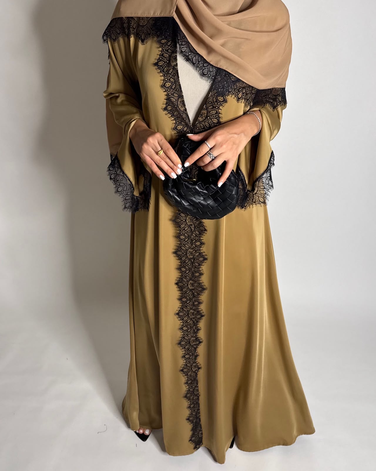 A636 - Elegant Gold Brown A-CUT Abaya with Black Lace & Matching Head Scarf