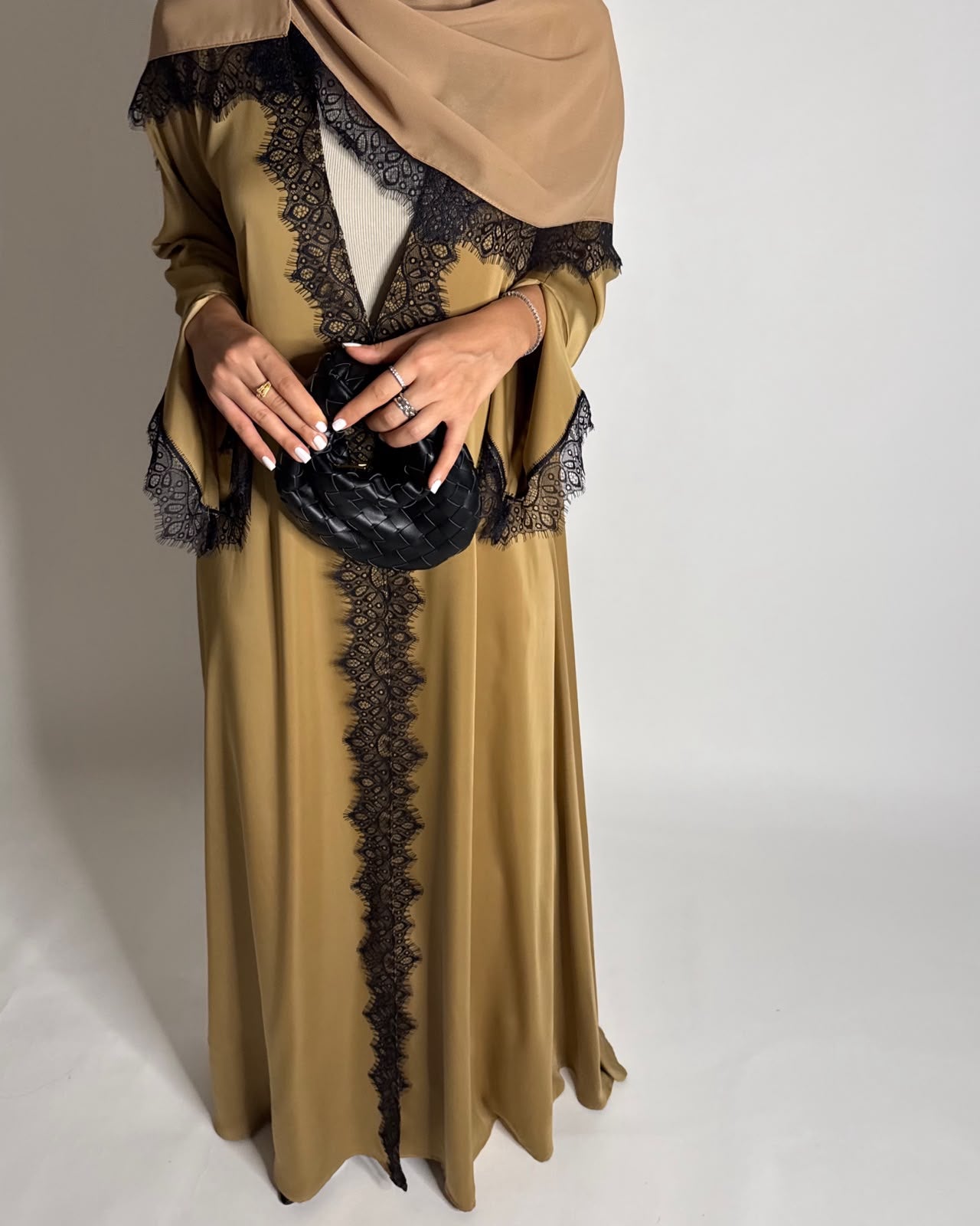 A636 - Elegant Gold Brown A-CUT Abaya with Black Lace & Matching Head Scarf