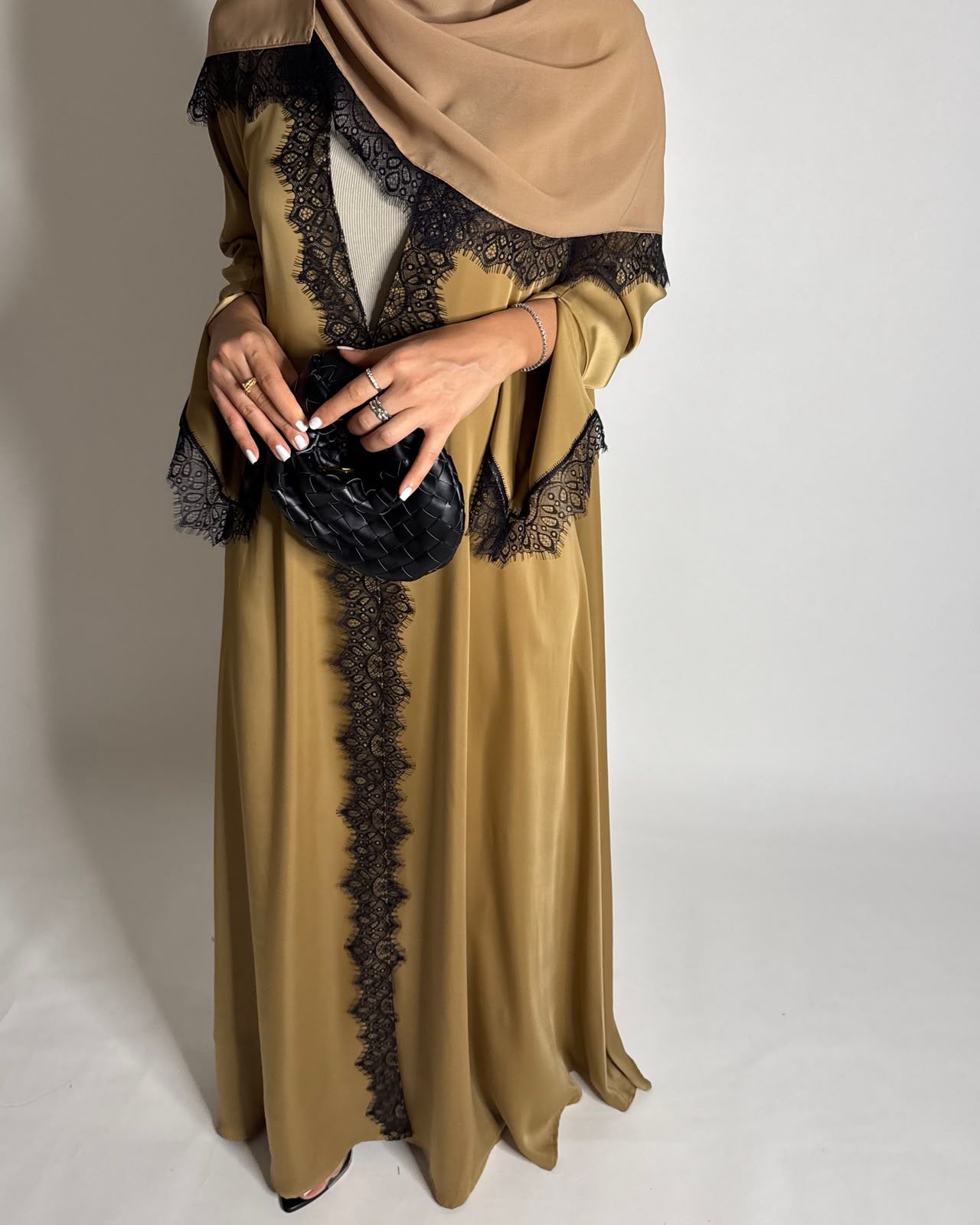A636 - Elegant Gold Brown A-CUT Abaya with Black Lace & Matching Head Scarf