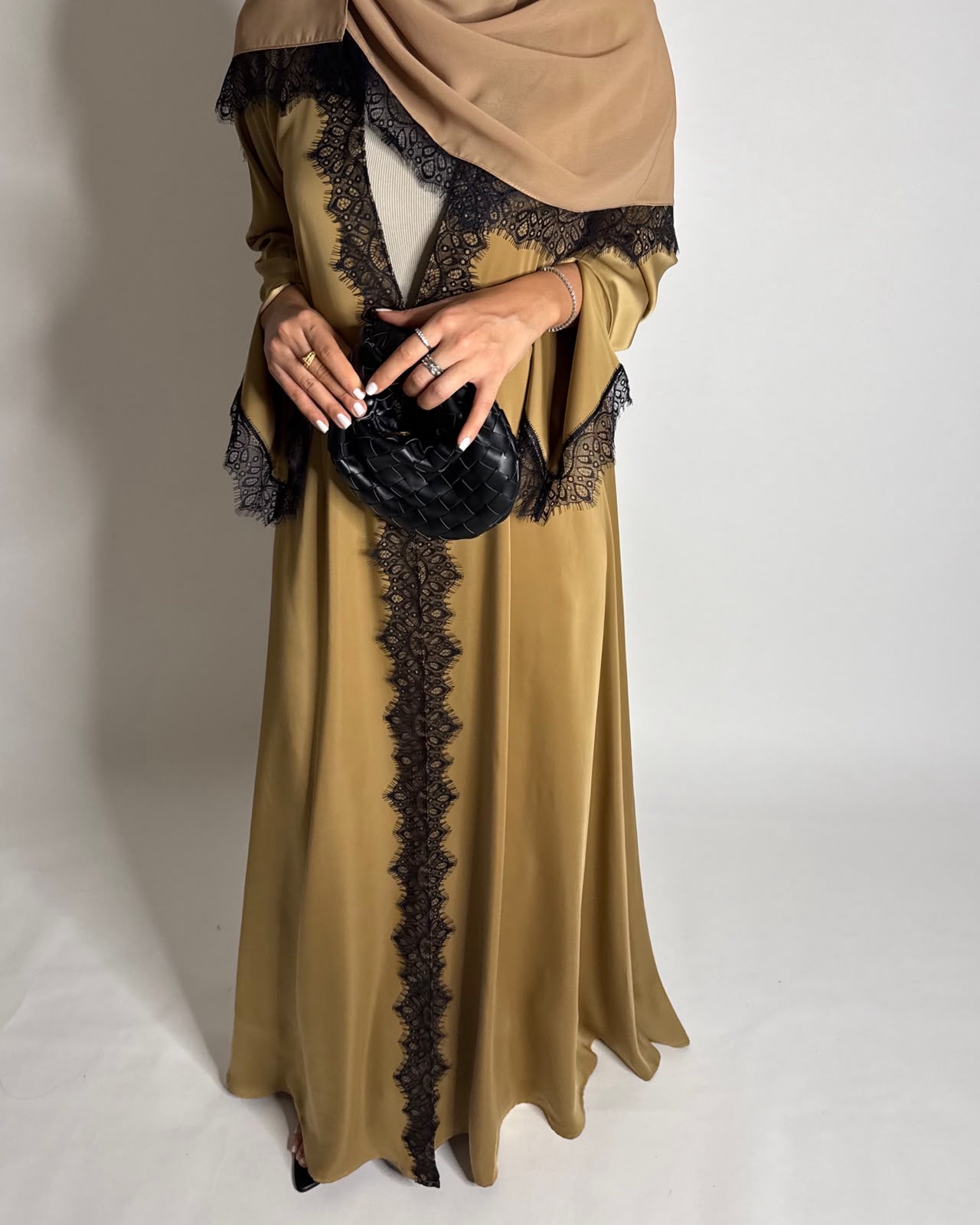 A636 - Elegant Gold Brown A-CUT Abaya with Black Lace & Matching Head Scarf