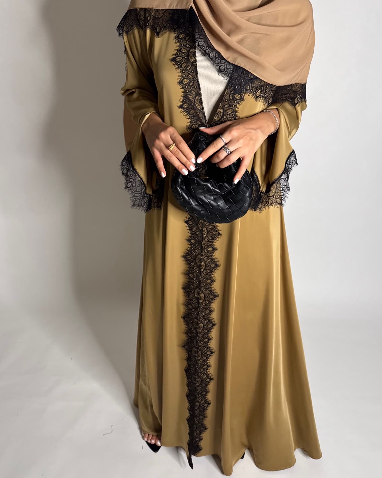 A636 - Elegant Gold Brown A-CUT Abaya with Black Lace & Matching Head Scarf