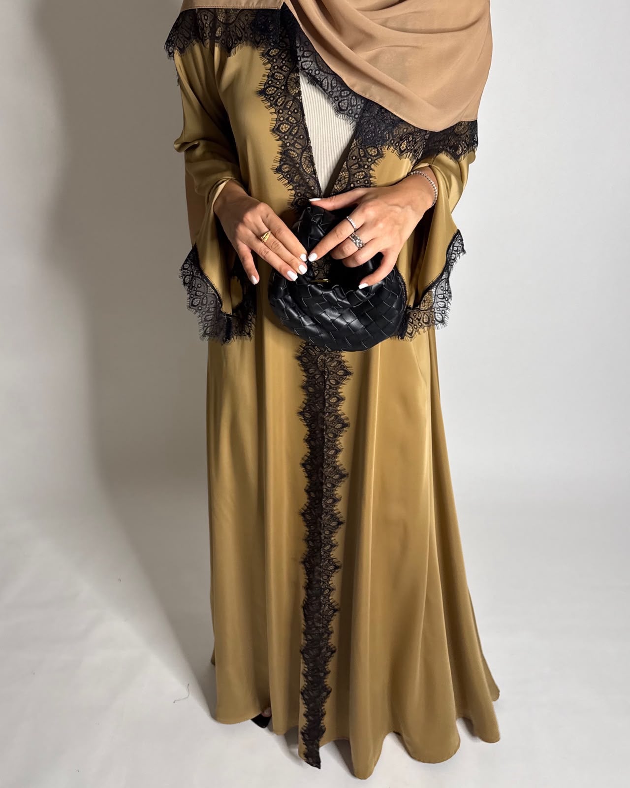 A636 - Elegant Gold Brown A-CUT Abaya with Black Lace & Matching Head Scarf