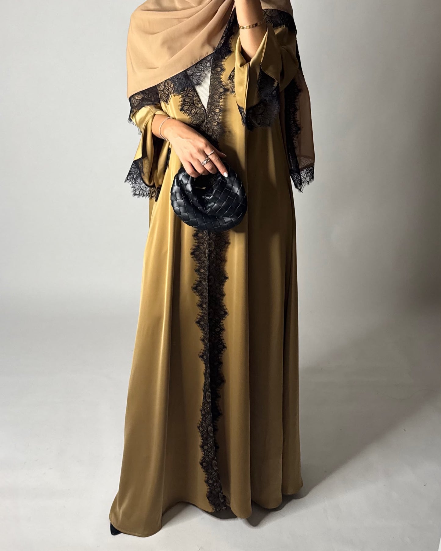 A636 - Elegant Gold Brown A-CUT Abaya with Black Lace & Matching Head Scarf