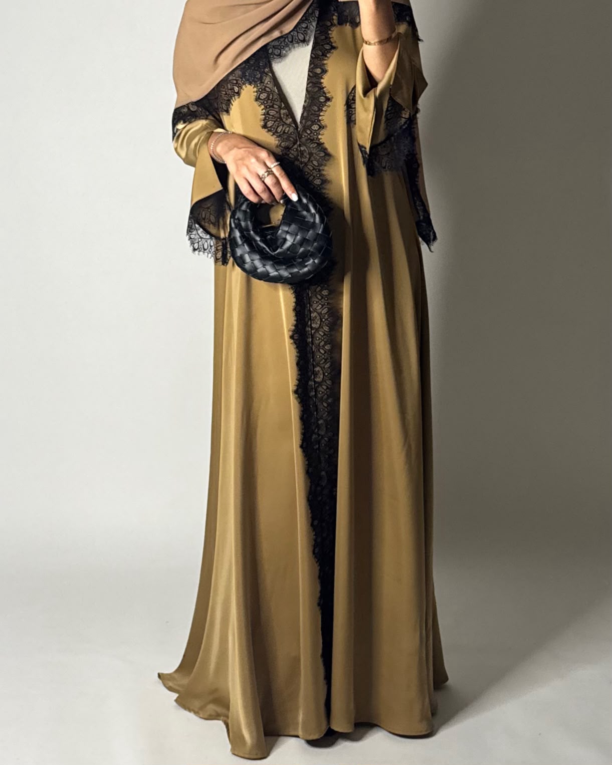 A636 - Elegant Gold Brown A-CUT Abaya with Black Lace & Matching Head Scarf
