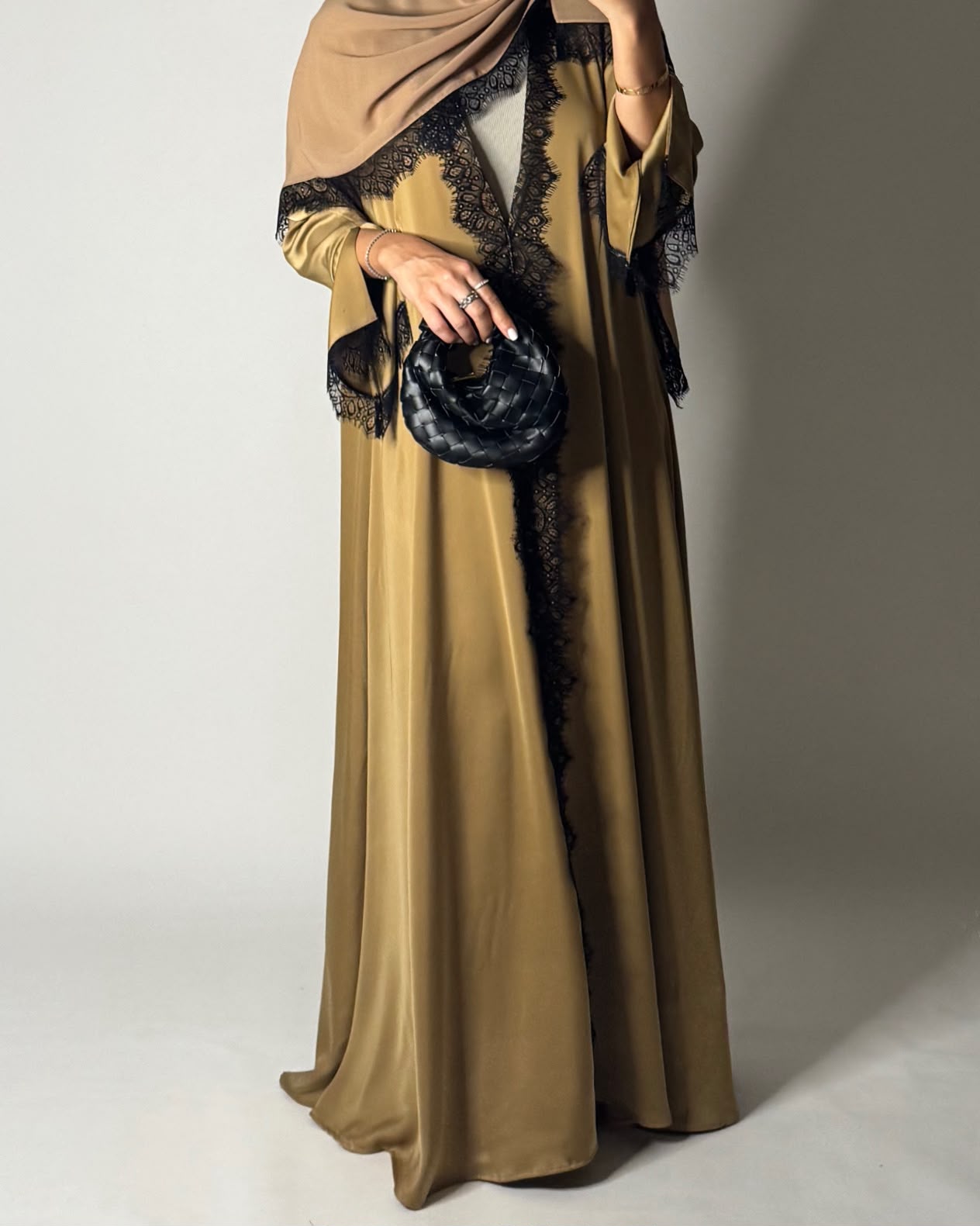 A636 - Elegant Gold Brown A-CUT Abaya with Black Lace & Matching Head Scarf