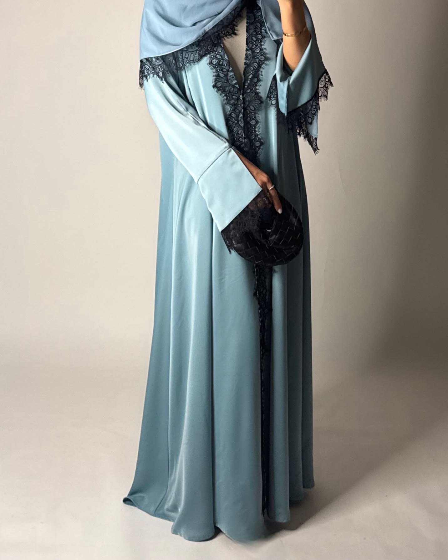 A637 - Elegant Baby Blue A-CUT Abaya with Black Lace & Matching Head Scarf