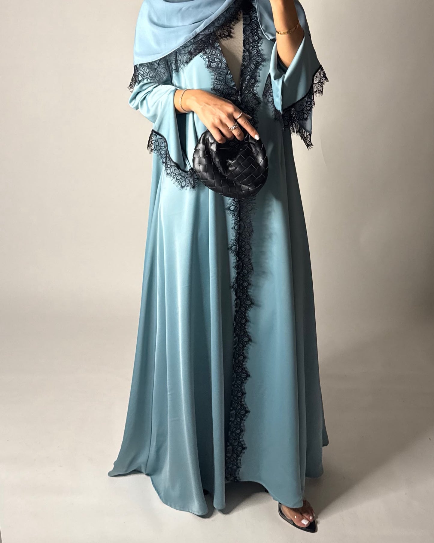A637 - Elegant Baby Blue A-CUT Abaya with Black Lace & Matching Head Scarf