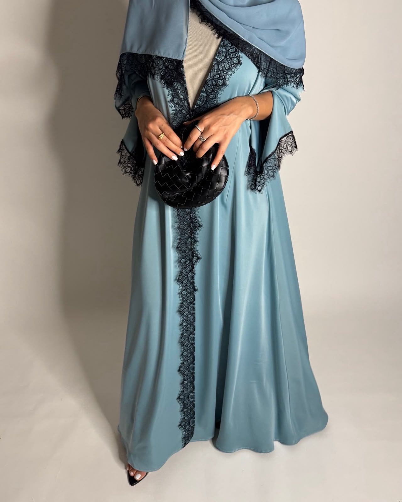 A637 - Elegant Baby Blue A-CUT Abaya with Black Lace & Matching Head Scarf