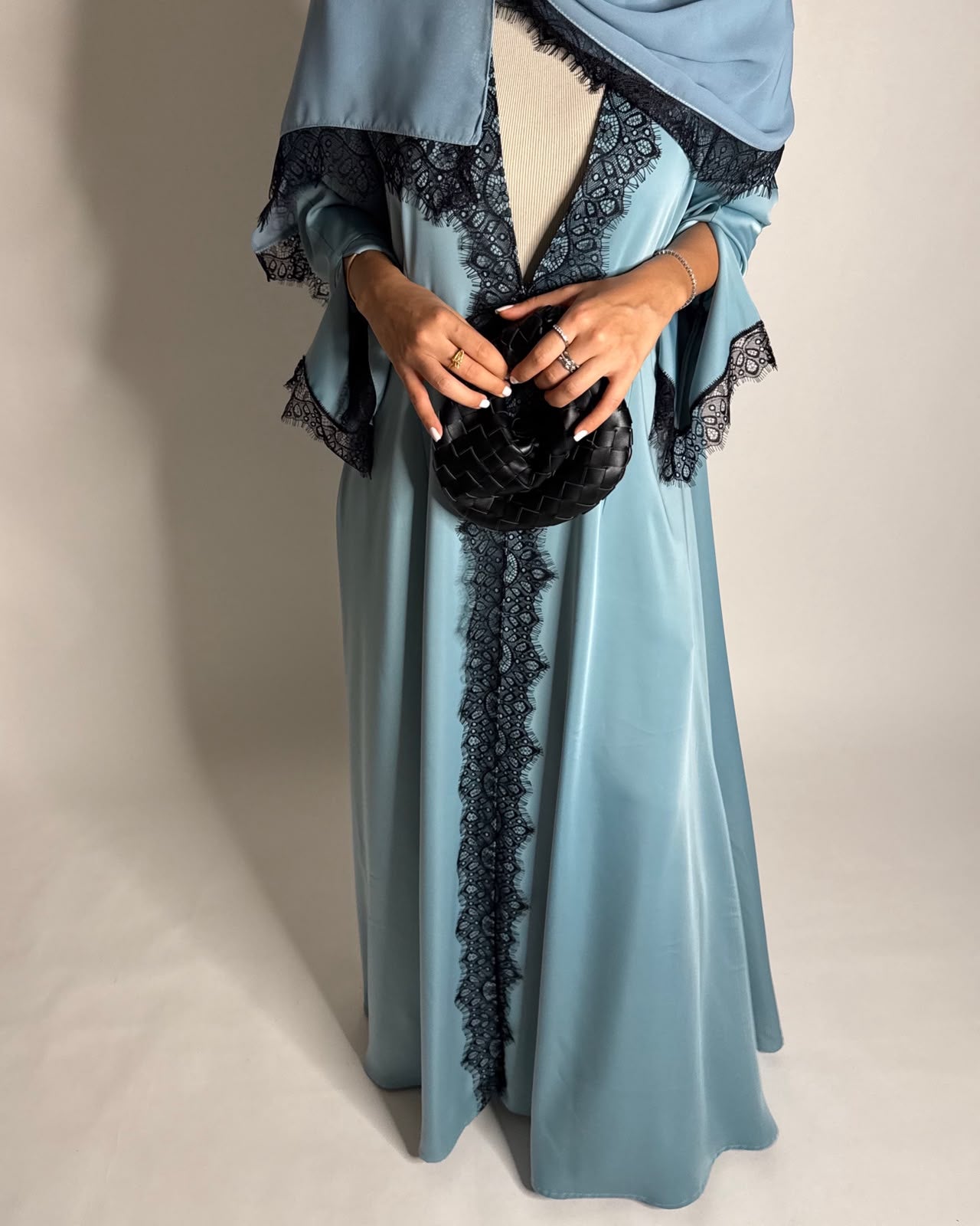 A637 - Elegant Baby Blue A-CUT Abaya with Black Lace & Matching Head Scarf