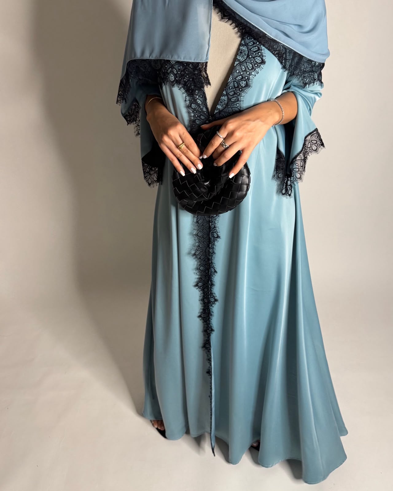 A637 - Elegant Baby Blue A-CUT Abaya with Black Lace & Matching Head Scarf