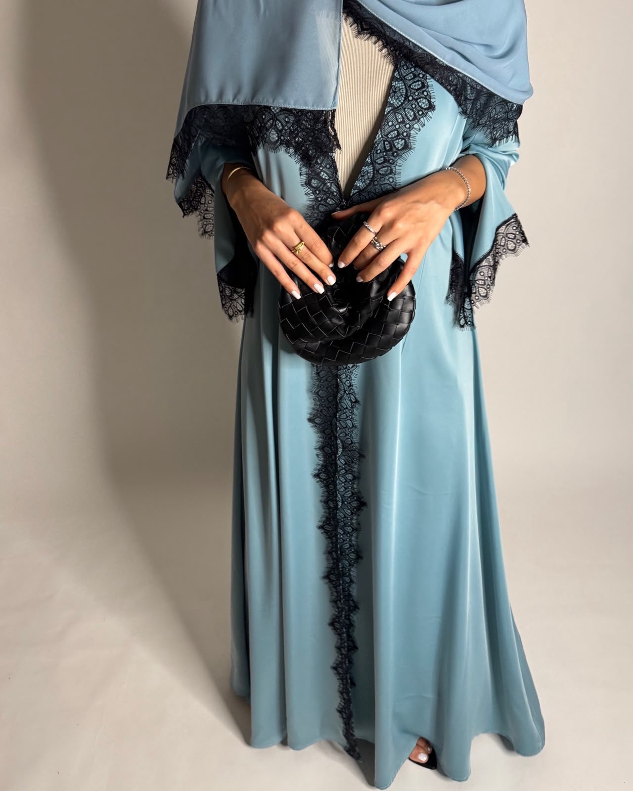 A637 - Elegant Baby Blue A-CUT Abaya with Black Lace & Matching Head Scarf