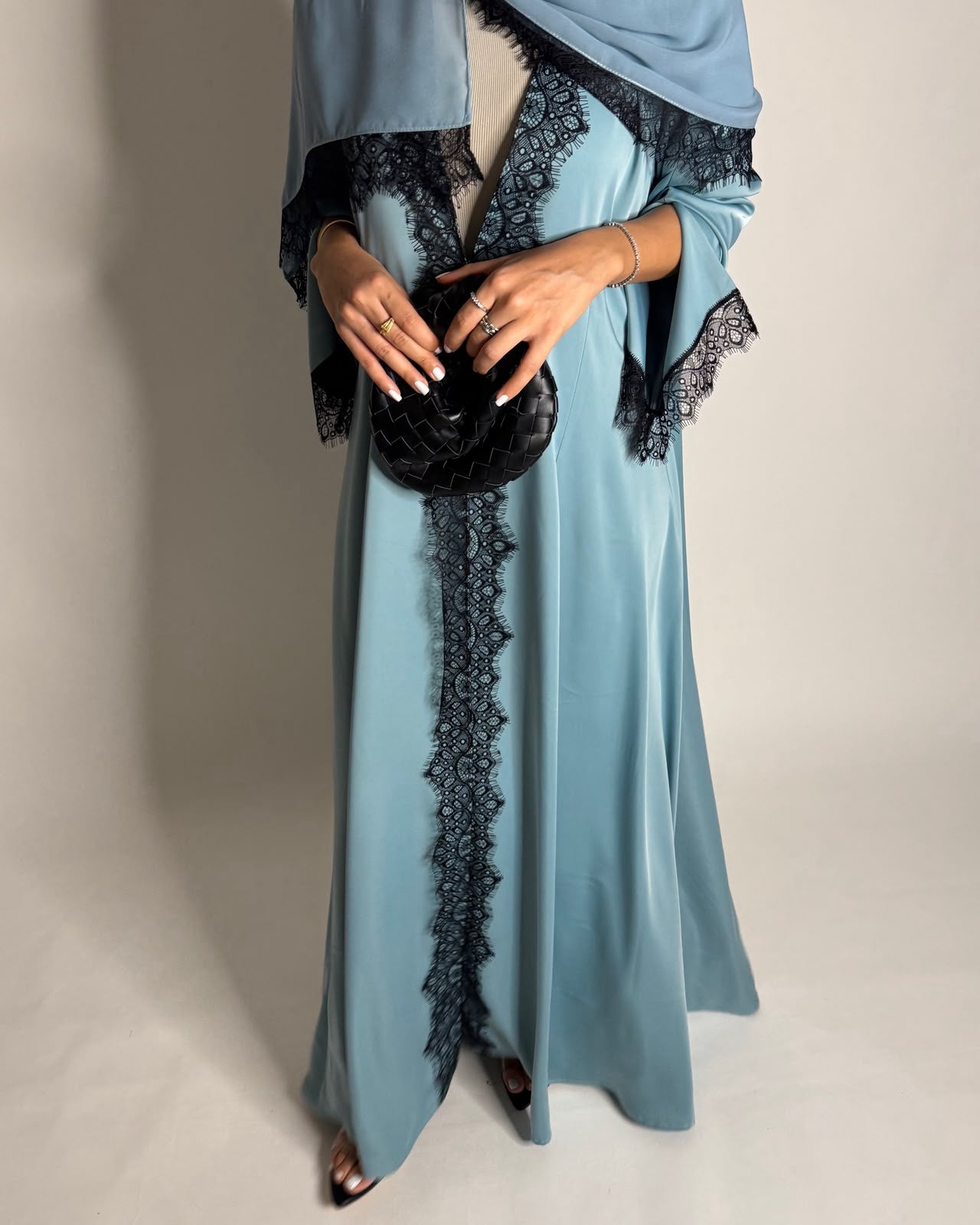 A637 - Elegant Baby Blue A-CUT Abaya with Black Lace & Matching Head Scarf