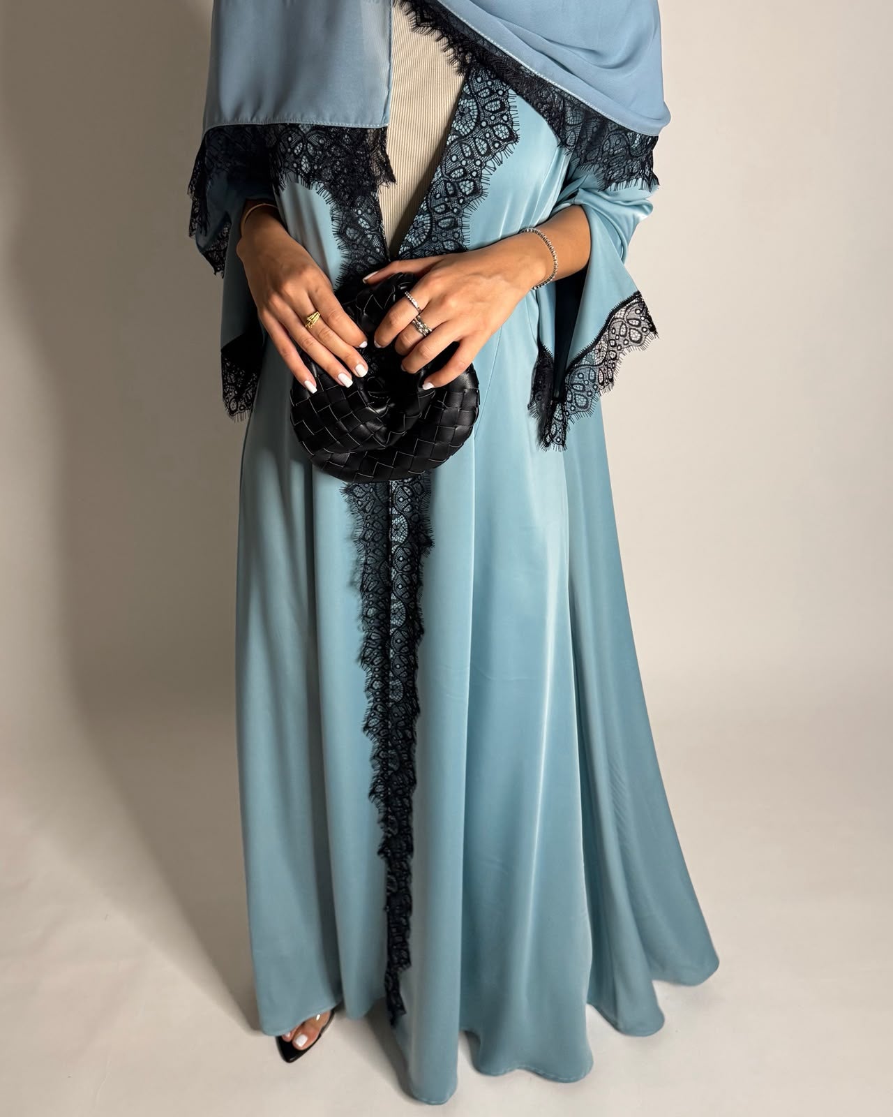 A637 - Elegant Baby Blue A-CUT Abaya with Black Lace & Matching Head Scarf