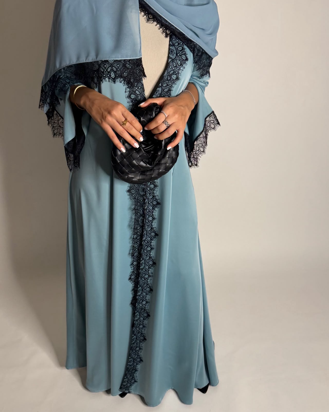 A637 - Elegant Baby Blue A-CUT Abaya with Black Lace & Matching Head Scarf