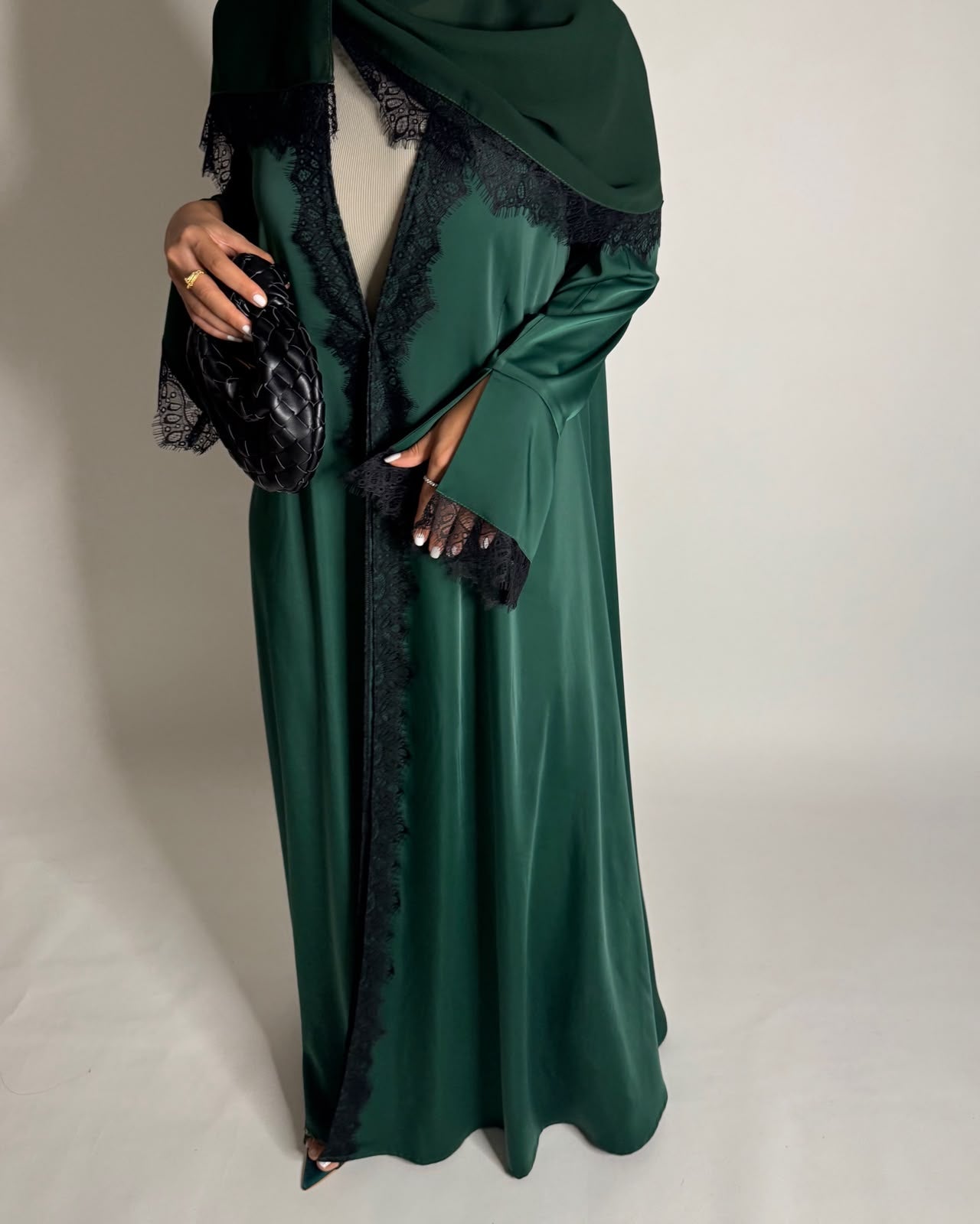 A635 - Elegant Forest Green A-CUT Abaya with Black Lace & Matching Head Scarf