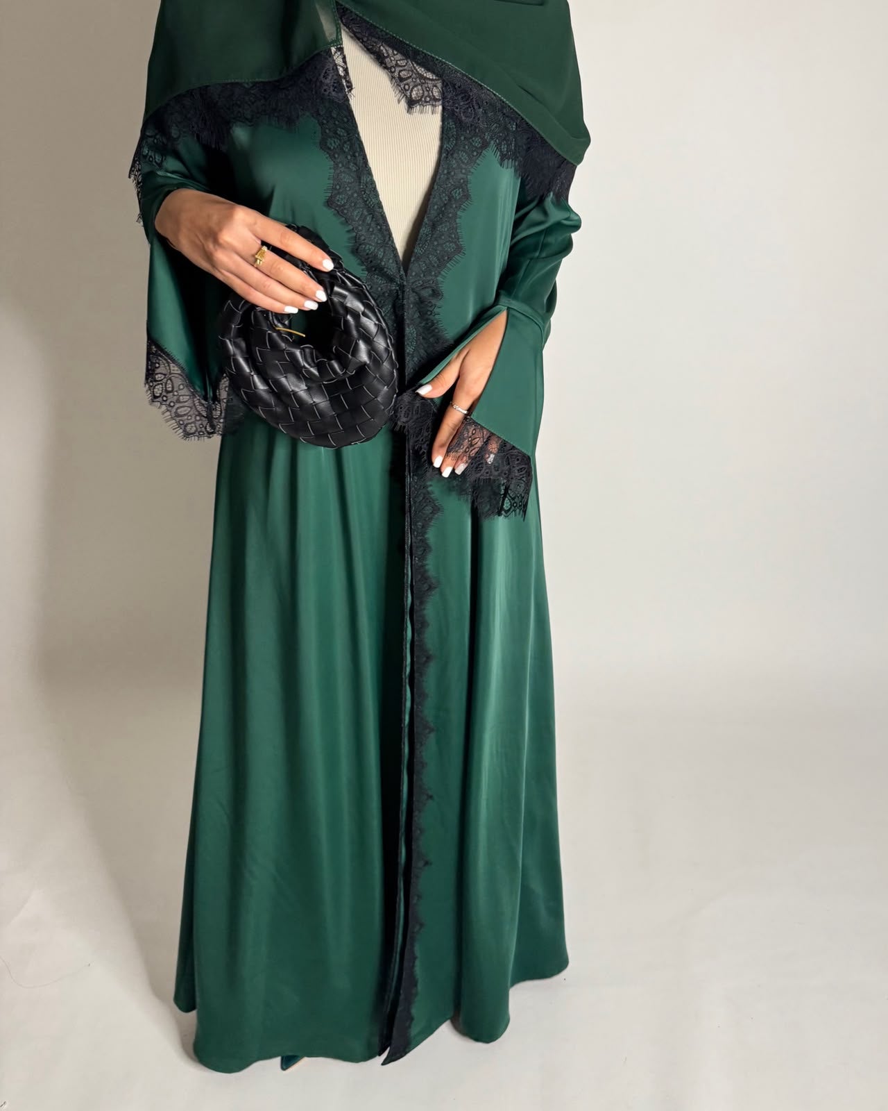 A635 - Elegant Forest Green A-CUT Abaya with Black Lace & Matching Head Scarf