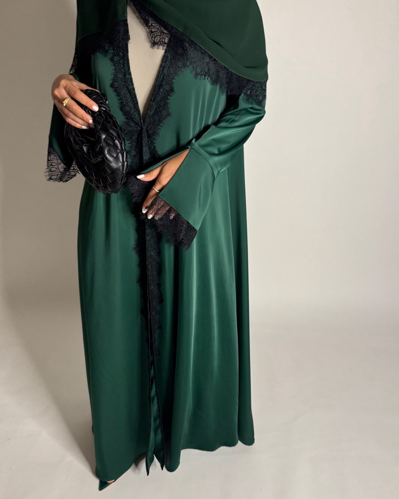 A635 - Elegant Forest Green A-CUT Abaya with Black Lace & Matching Head Scarf