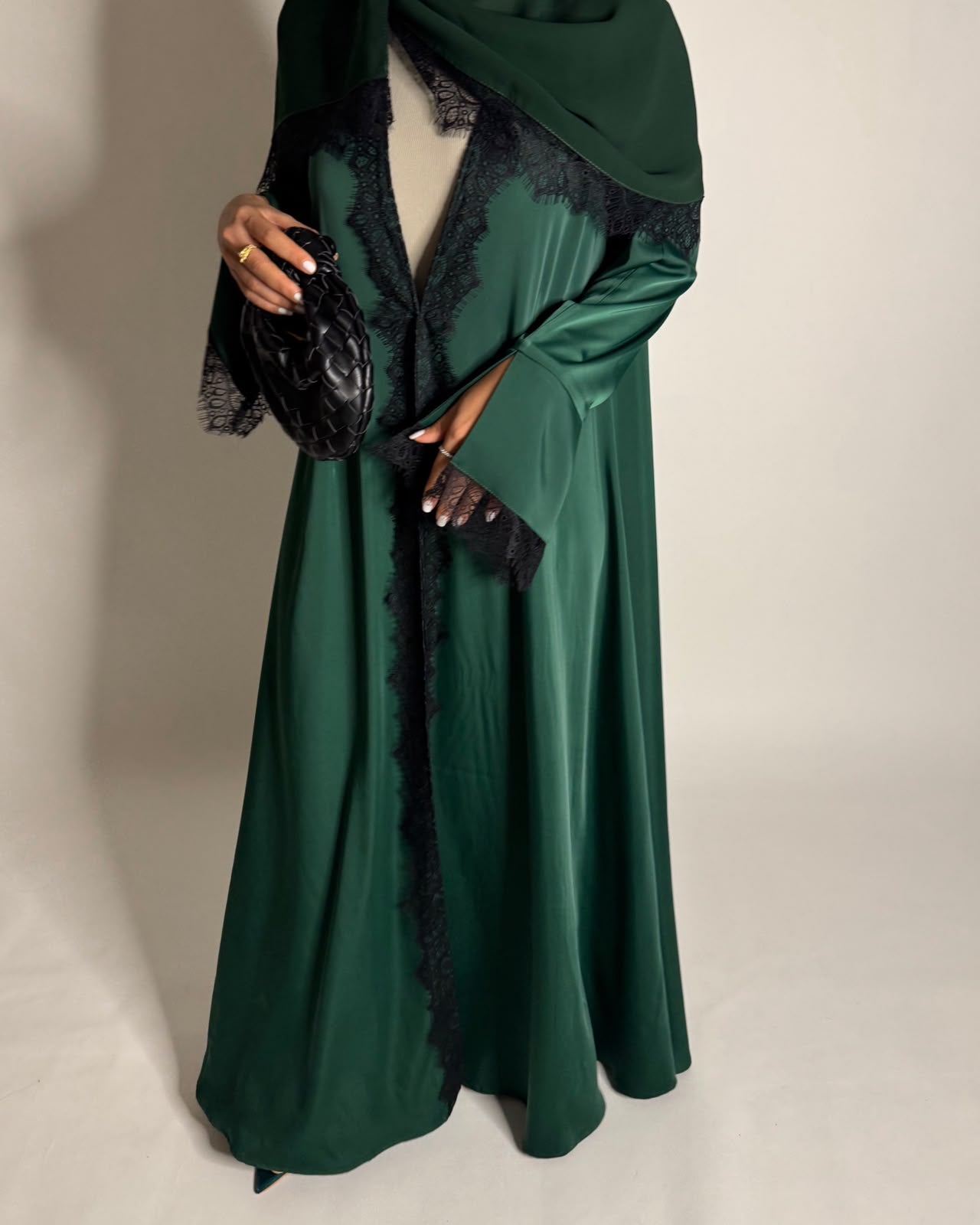 A635 - Elegant Forest Green A-CUT Abaya with Black Lace & Matching Head Scarf