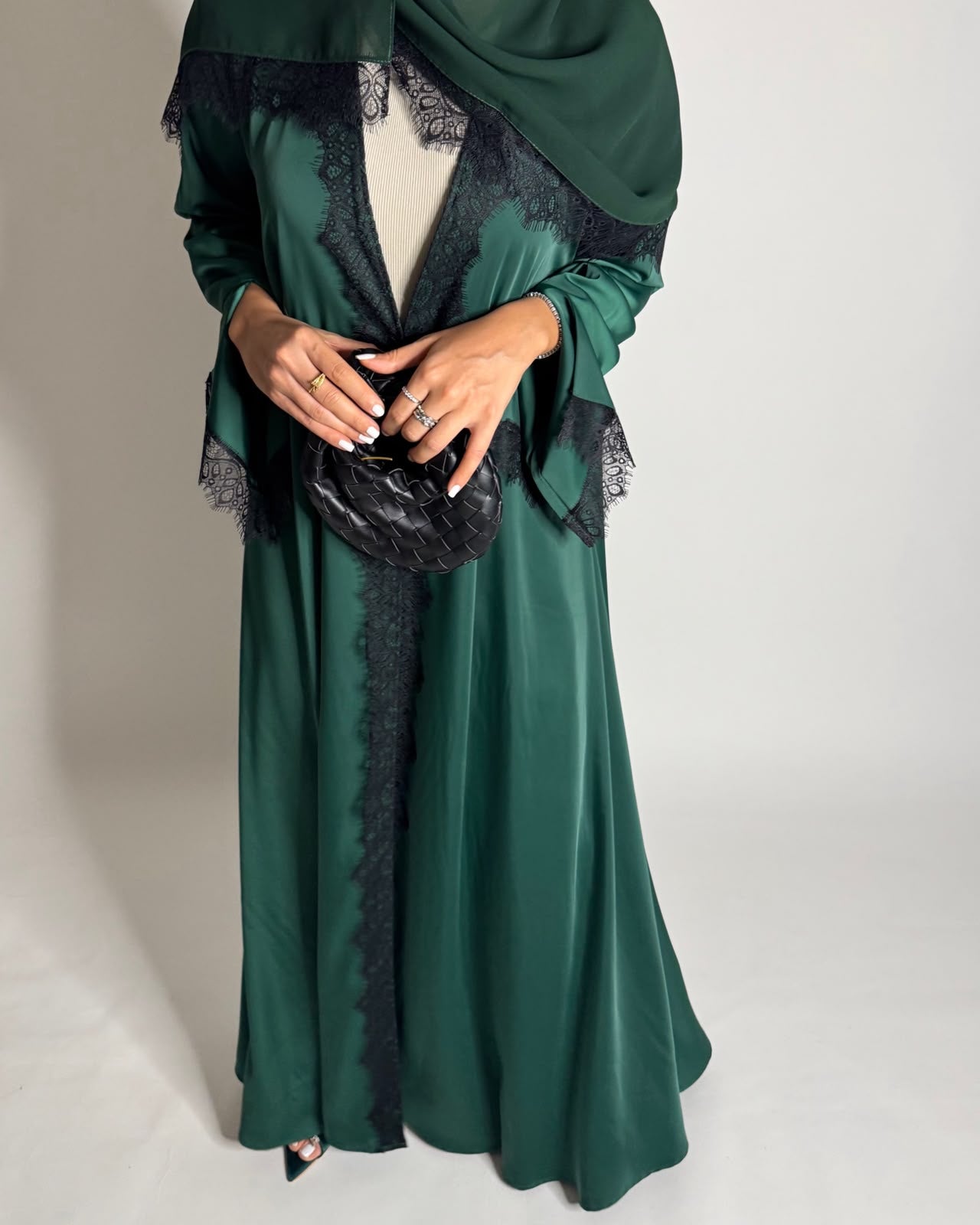 A635 - Elegant Forest Green A-CUT Abaya with Black Lace & Matching Head Scarf