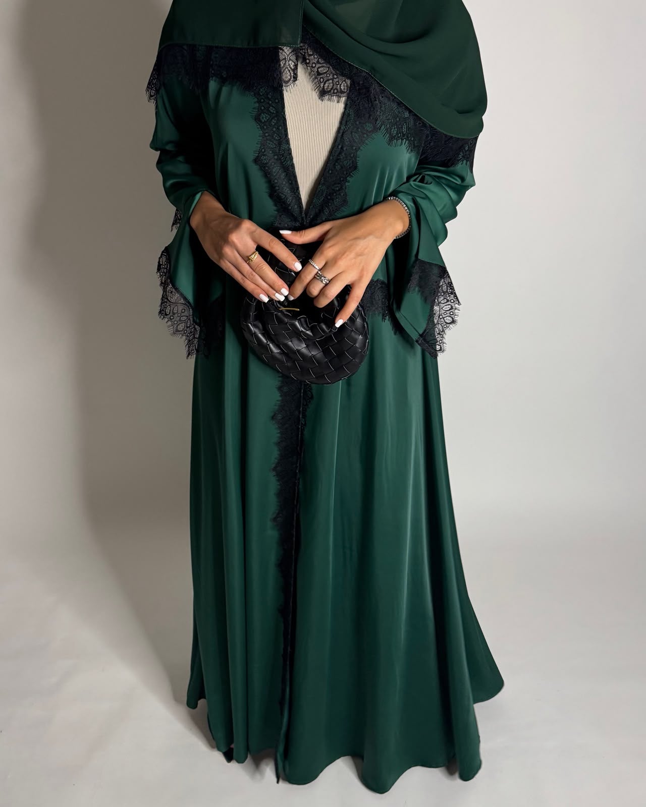 A635 - Elegant Forest Green A-CUT Abaya with Black Lace & Matching Head Scarf
