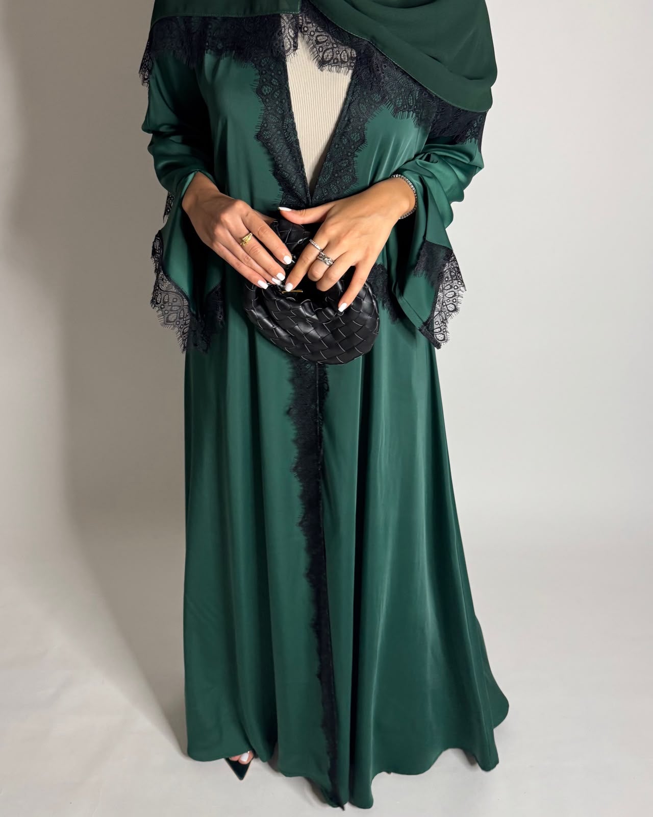 A635 - Elegant Forest Green A-CUT Abaya with Black Lace & Matching Head Scarf