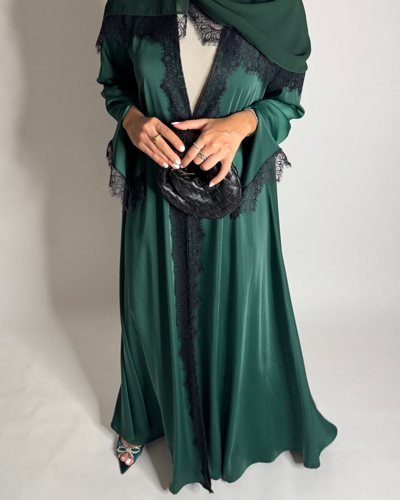 A635 - Elegant Forest Green A-CUT Abaya with Black Lace & Matching Head Scarf