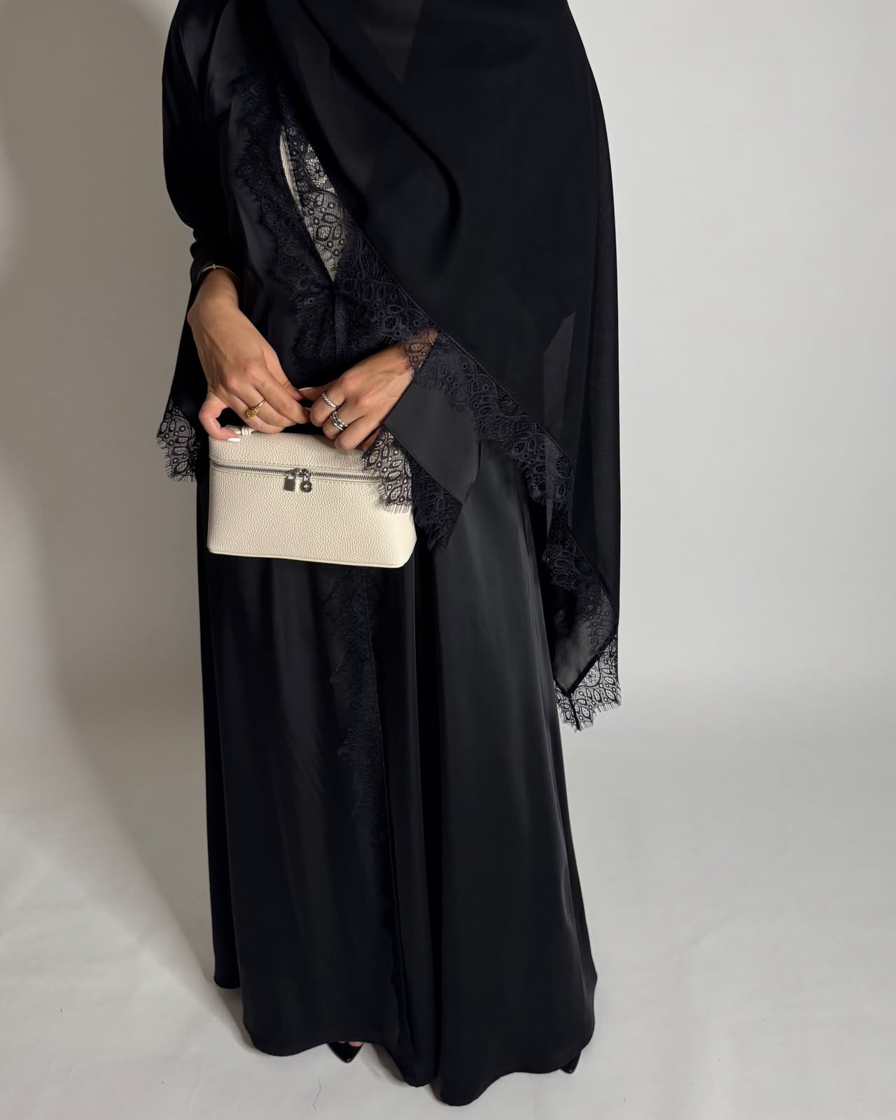 A642 - Elegant Black A-CUT Abaya with Black Lace & Matching Head Scarf