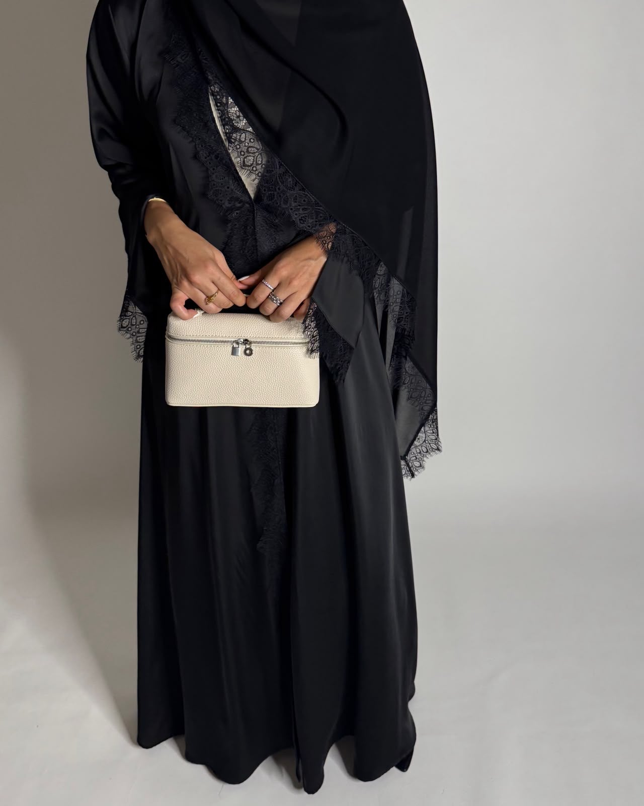 A642 - Elegant Black A-CUT Abaya with Black Lace & Matching Head Scarf
