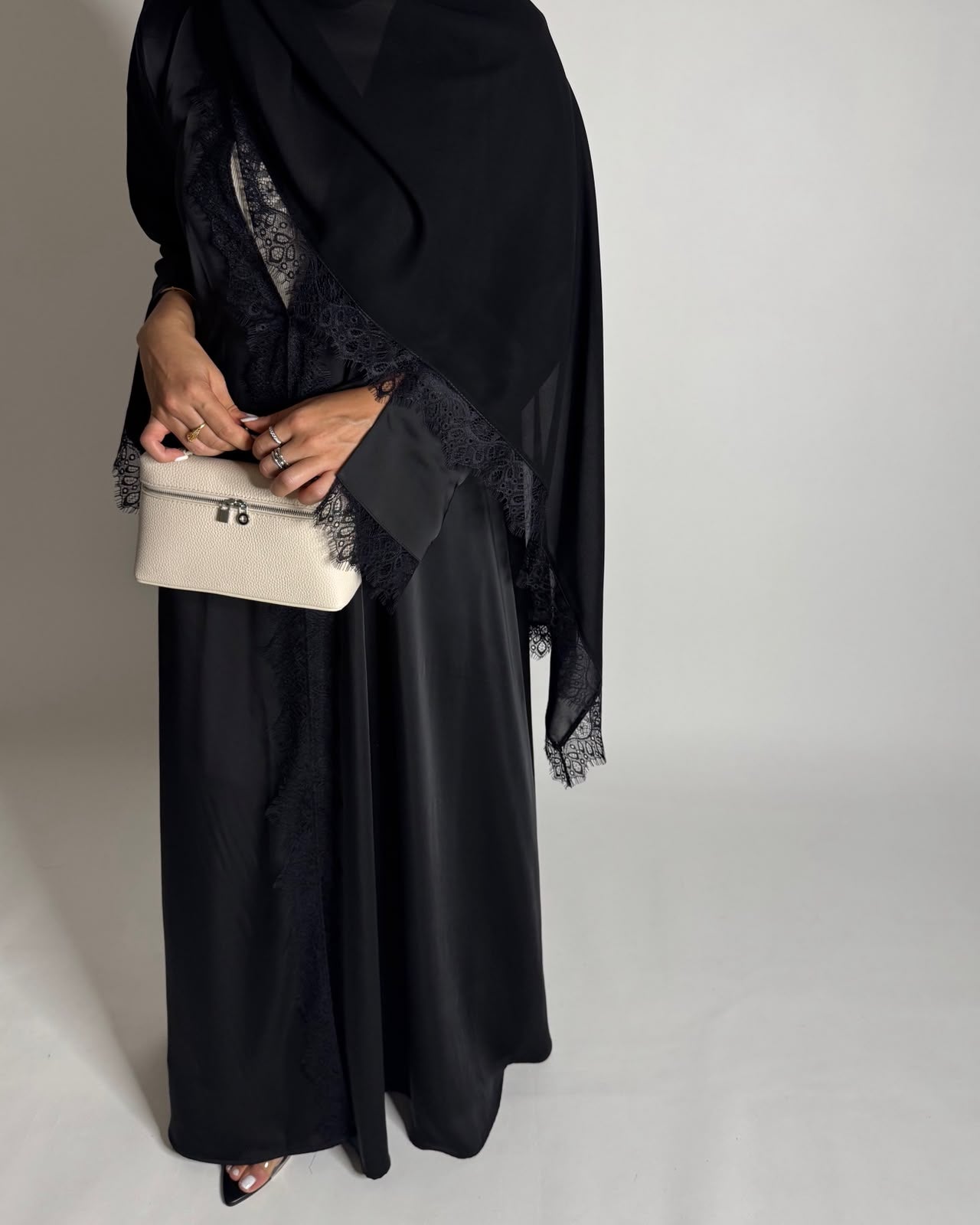 A642 - Elegant Black A-CUT Abaya with Black Lace & Matching Head Scarf
