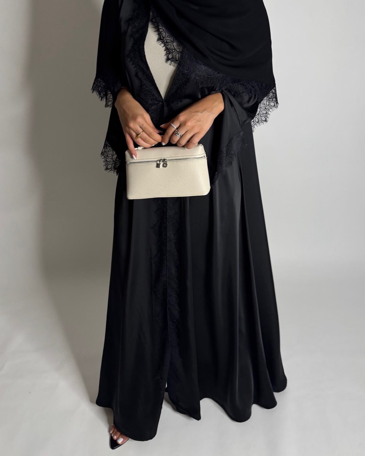 A642 - Elegant Black A-CUT Abaya with Black Lace & Matching Head Scarf
