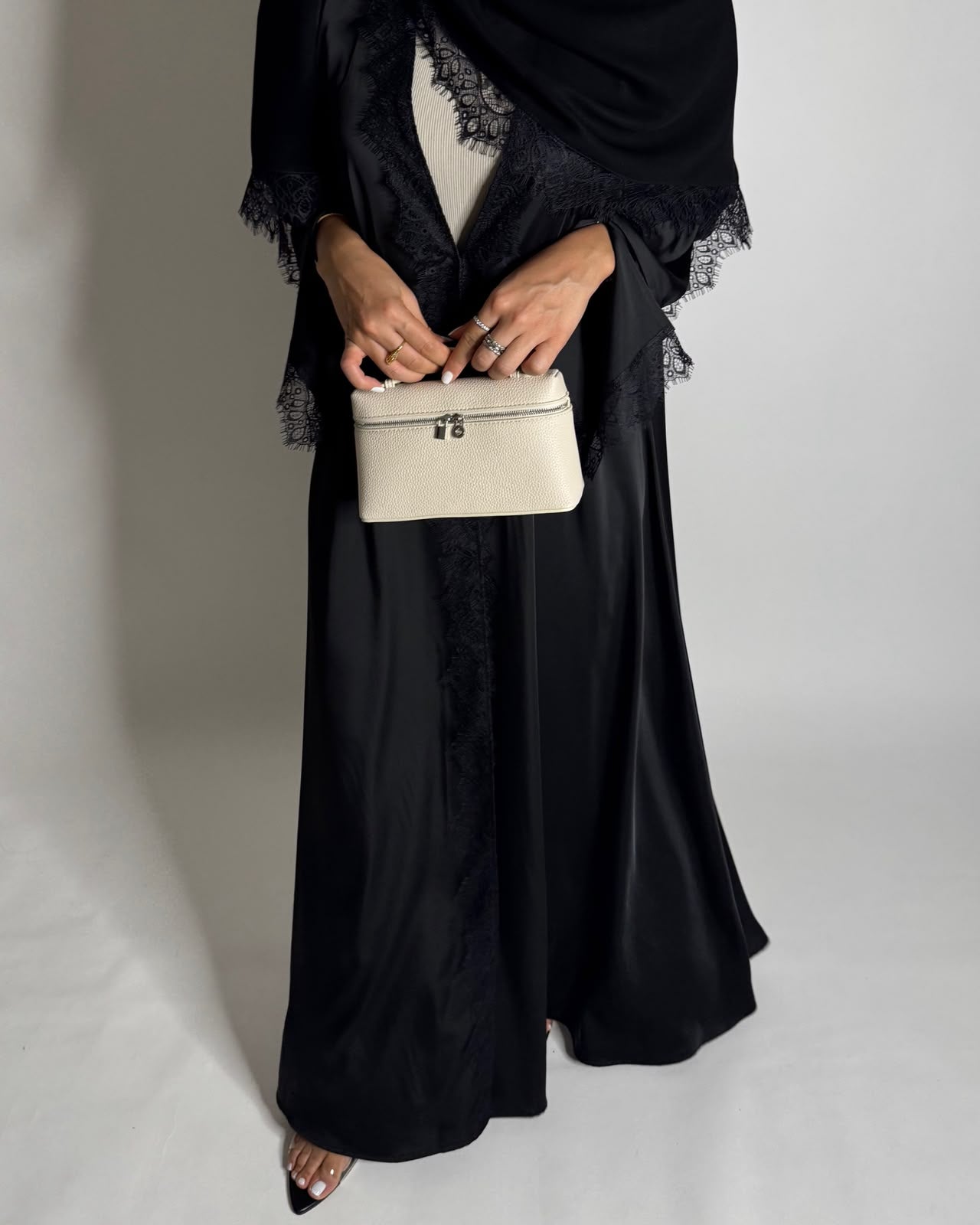 A642 - Elegant Black A-CUT Abaya with Black Lace & Matching Head Scarf