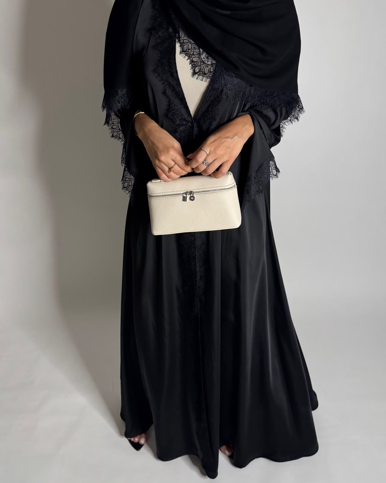 A642 - Elegant Black A-CUT Abaya with Black Lace & Matching Head Scarf