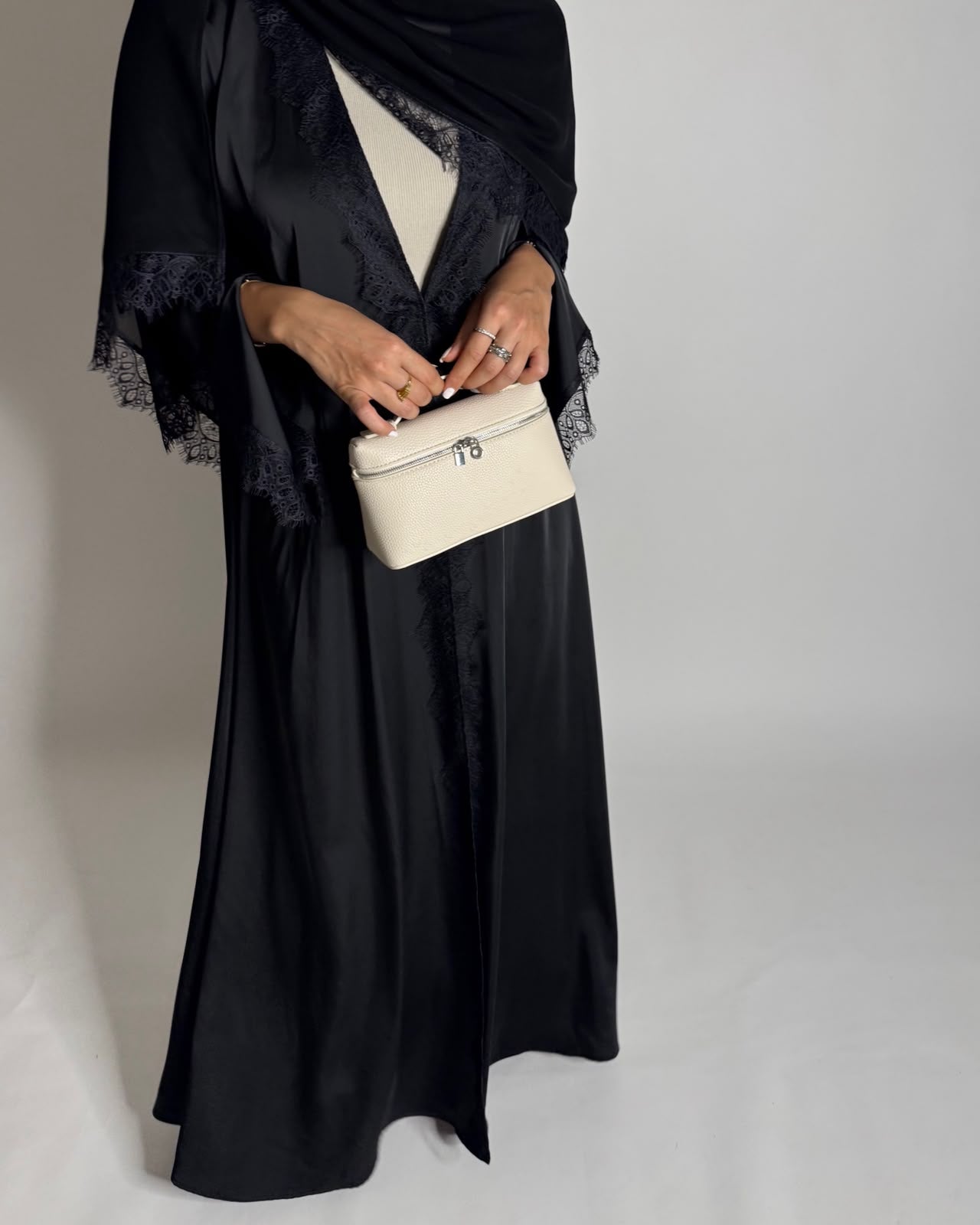 A642 - Elegant Black A-CUT Abaya with Black Lace & Matching Head Scarf