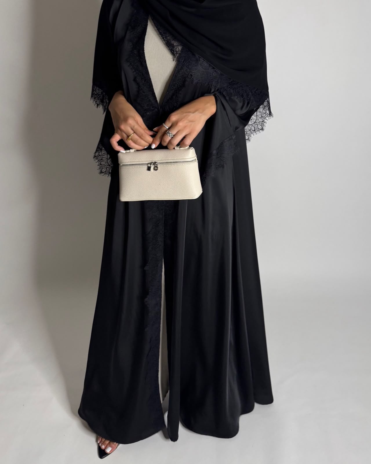 A642 - Elegant Black A-CUT Abaya with Black Lace & Matching Head Scarf