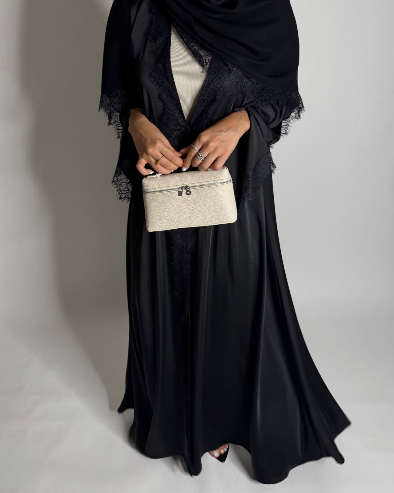 A642 - Elegant Black A-CUT Abaya with Black Lace & Matching Head Scarf