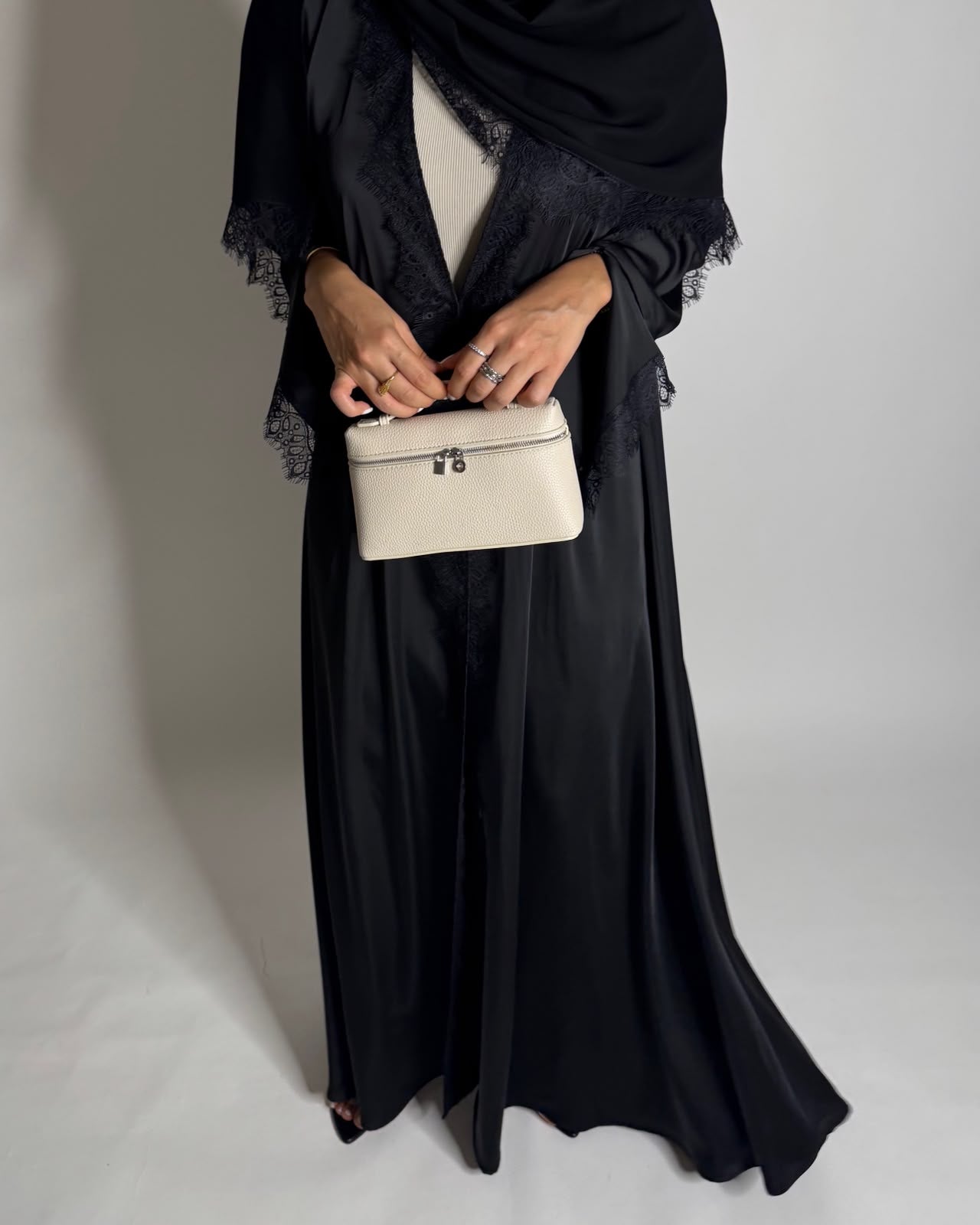 A642 - Elegant Black A-CUT Abaya with Black Lace & Matching Head Scarf