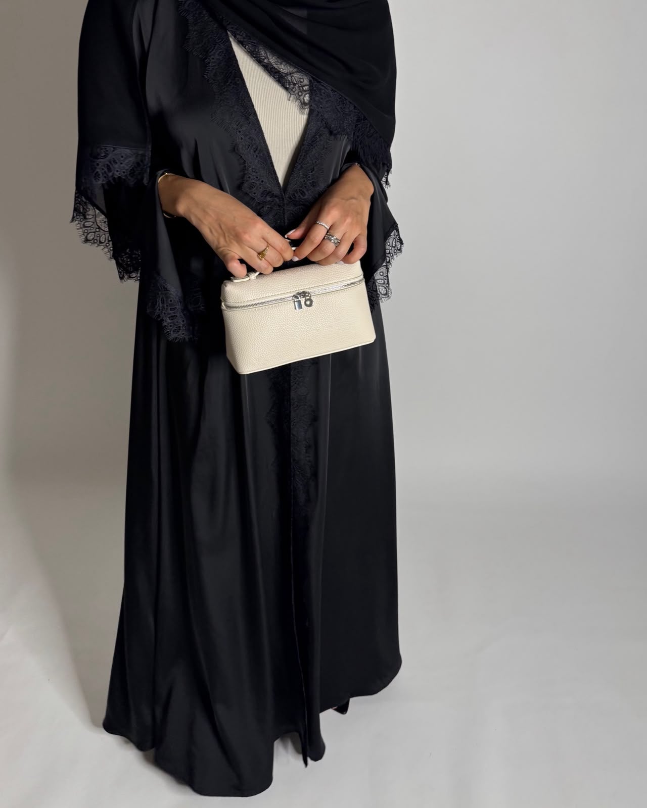 A642 - Elegant Black A-CUT Abaya with Black Lace & Matching Head Scarf