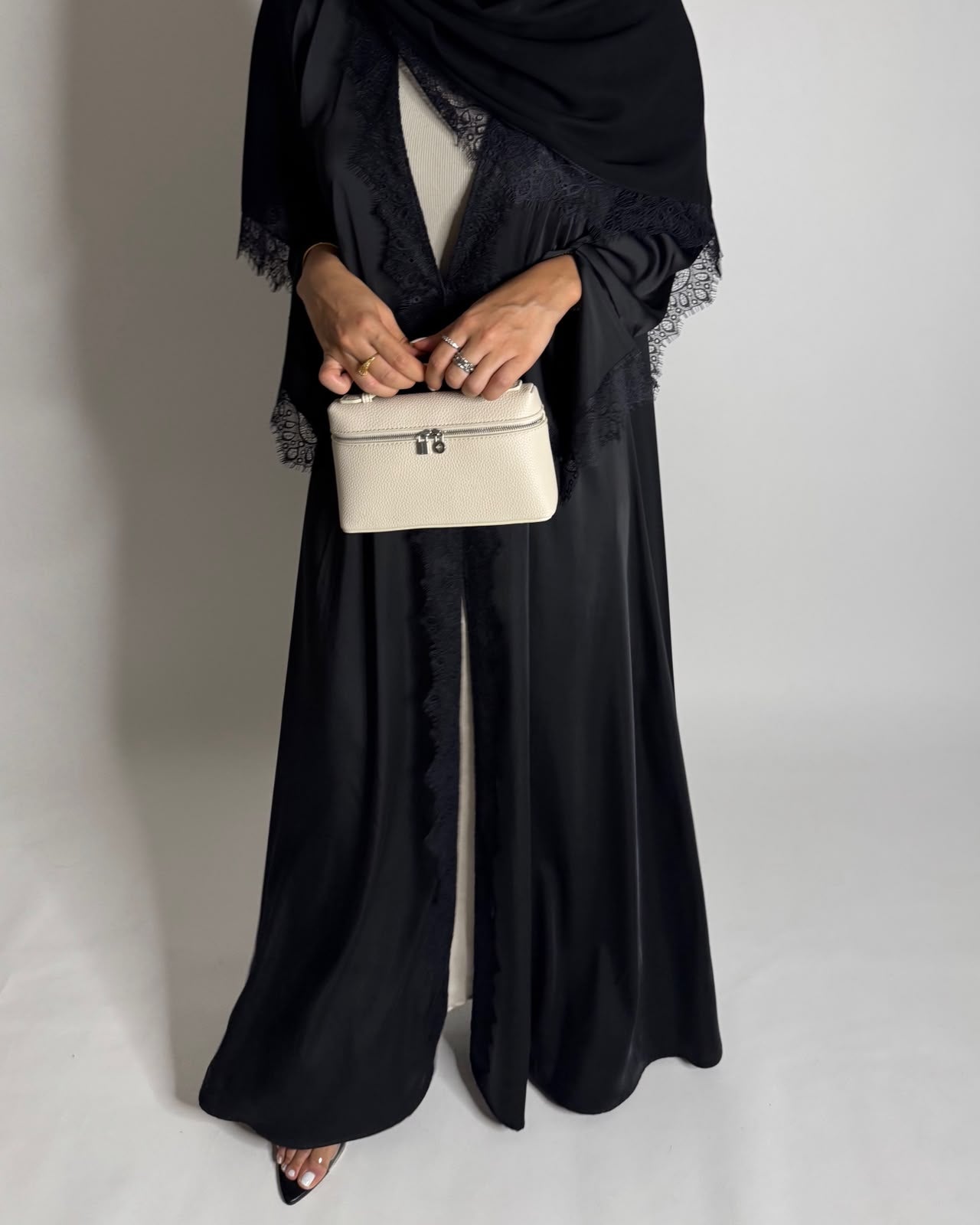 A642 - Elegant Black A-CUT Abaya with Black Lace & Matching Head Scarf