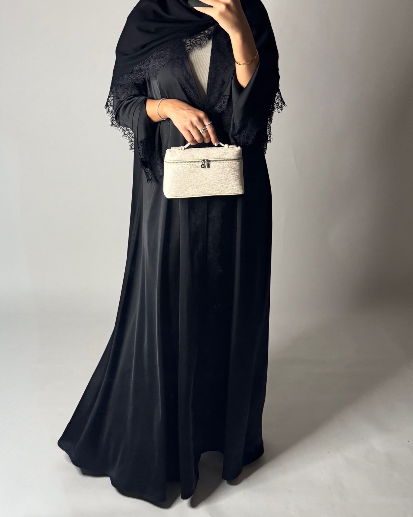 A642 - Elegant Black A-CUT Abaya with Black Lace & Matching Head Scarf